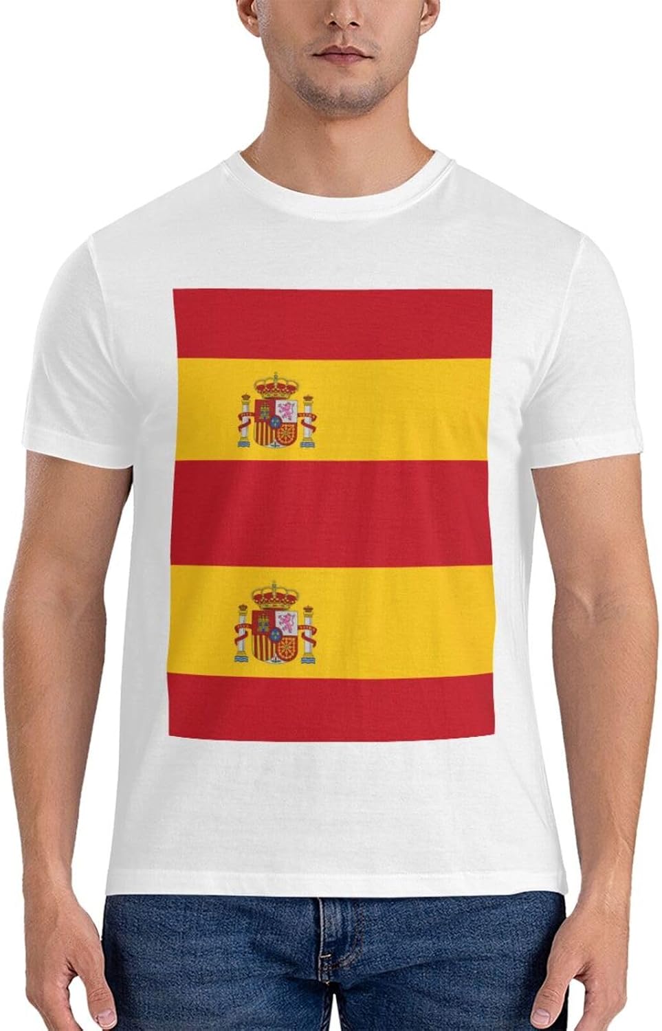 Spanish Flag Men's 100% Cotton Crewneck T-Shirt - Soft Breathable Black Short Sleeve Everyday Tee - White