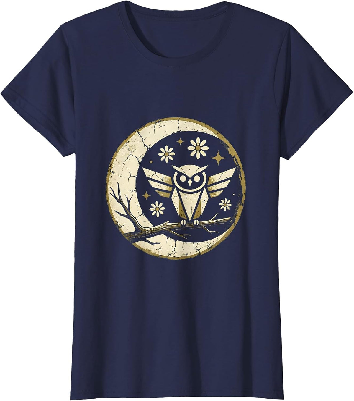 Women's Halloween Owl on Twisted Branch Illustration T-Shirt - Navy Blue