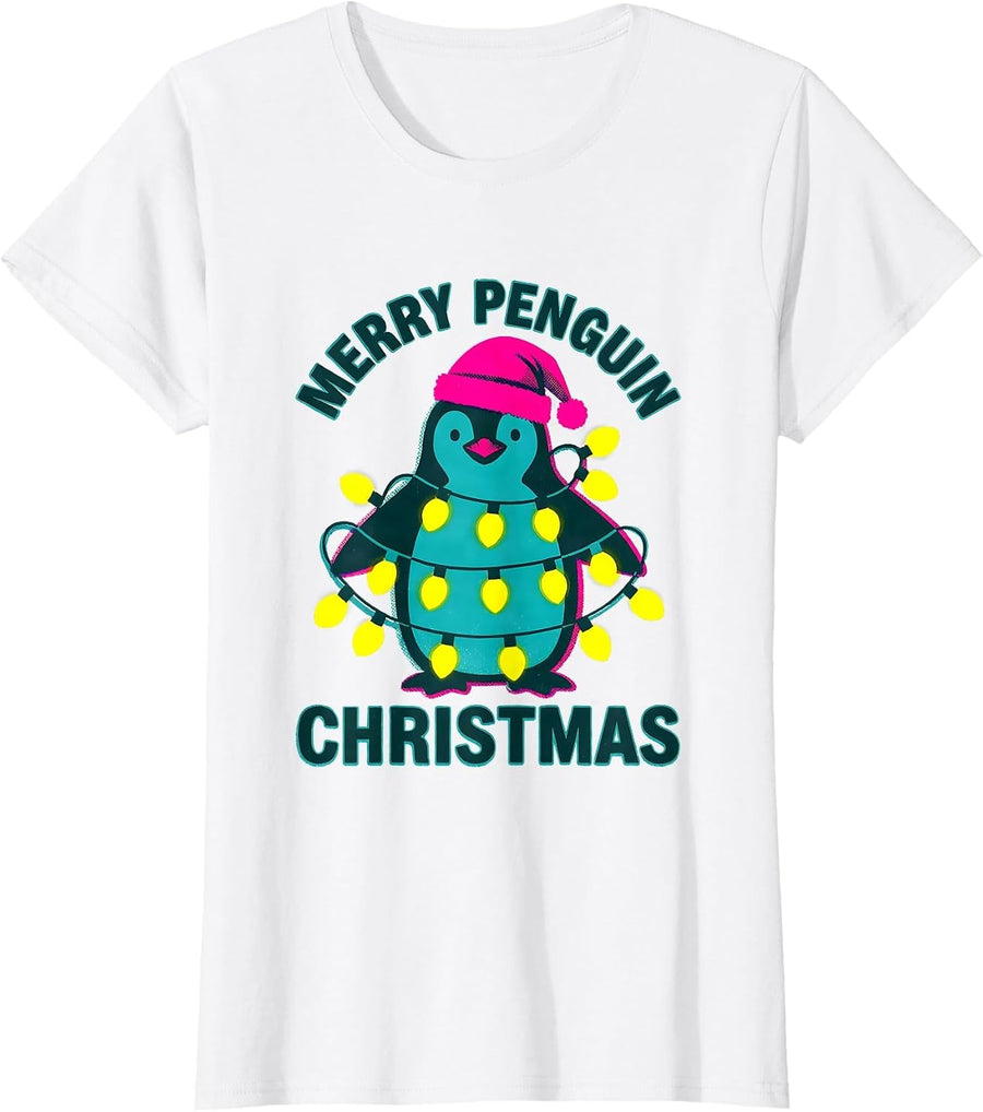 Women's Merry Penguin Christmas Funny Animal Lover Ugly Sweater T-Shirt - White