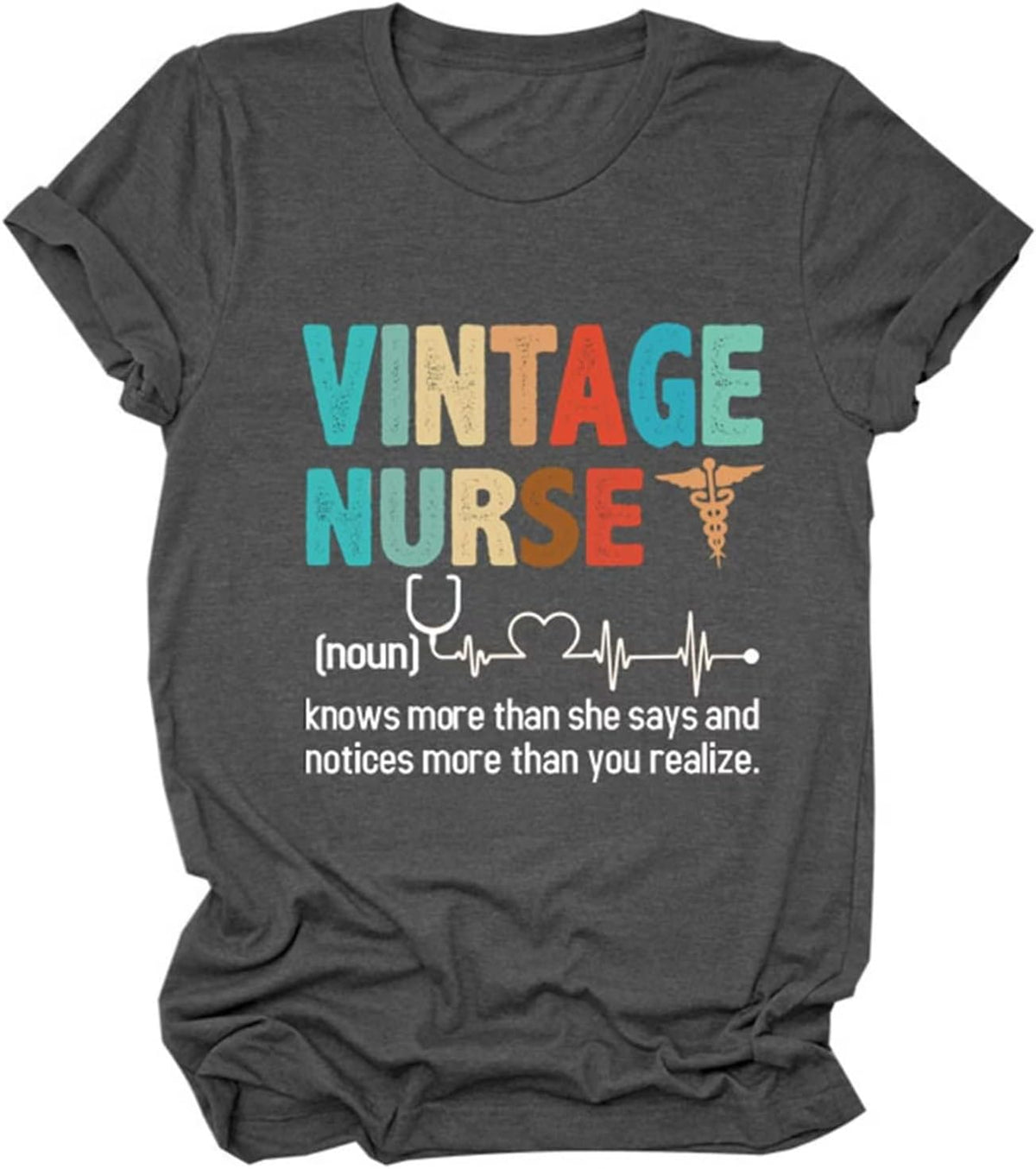 Vintage Nurse Women T-Shirt, Nurse Life Women Letter Printed T Shirt Graphic Nurse Tee Tops - Dark Grey