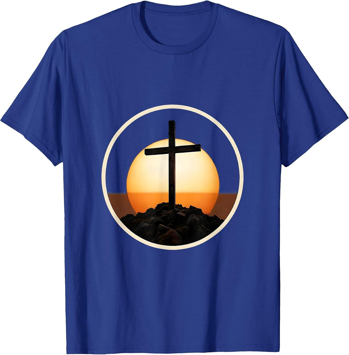 Wooden Cross Rocky Hilltop Sunrise Jesus Design T-Shirt - Royal Blue
