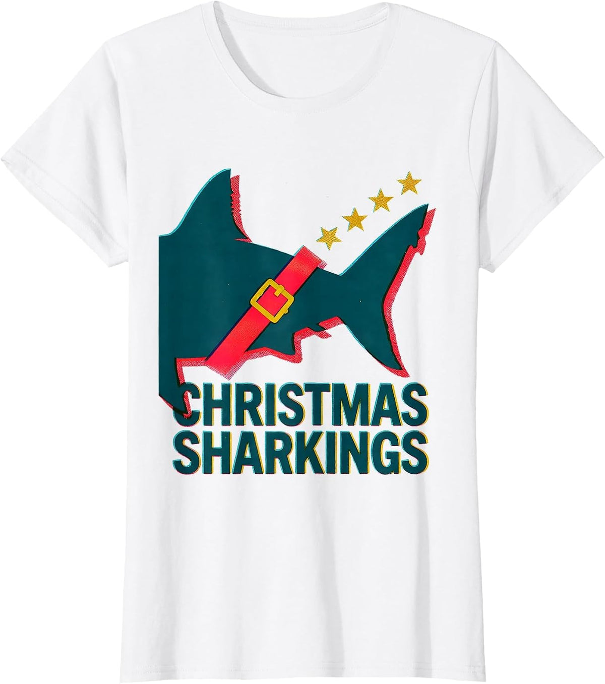 Women's Christmas Sharkings Risograph Shark Lover Funny Christmas T-Shirt - White