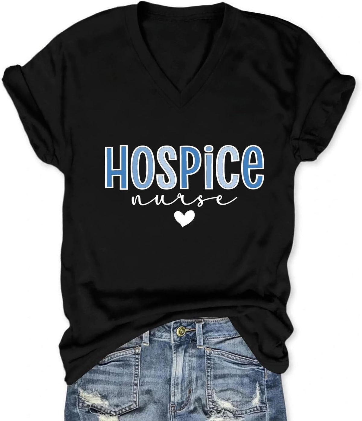 Hospice Nurse T-Shirt for Women Short Sleeve Letter Print Heart Graphic Tee Cute V Neck Nursing Student Top - Black