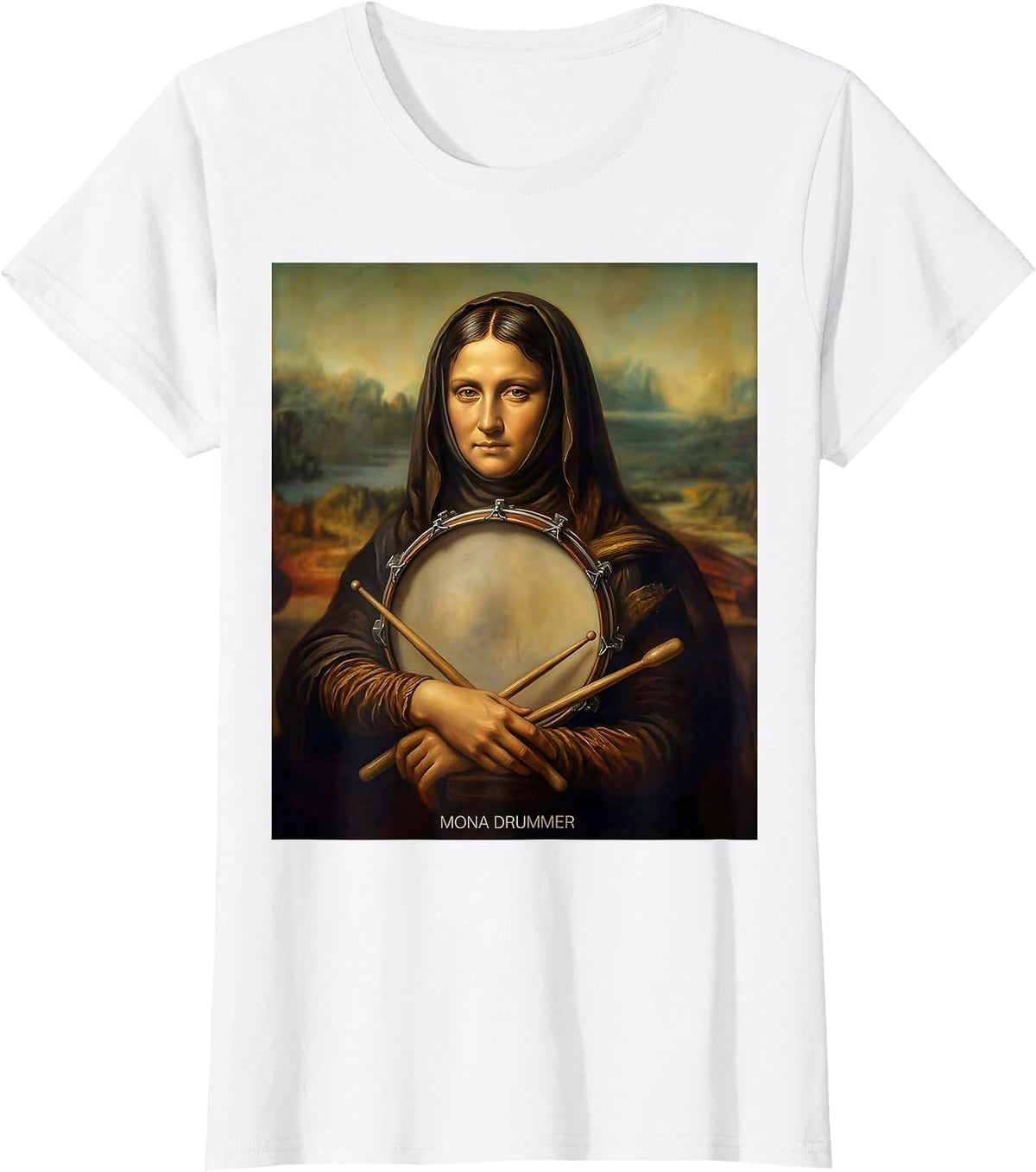 Women's Mona Drummer Funny Renaissance Art Parody Humor T-Shirt - White