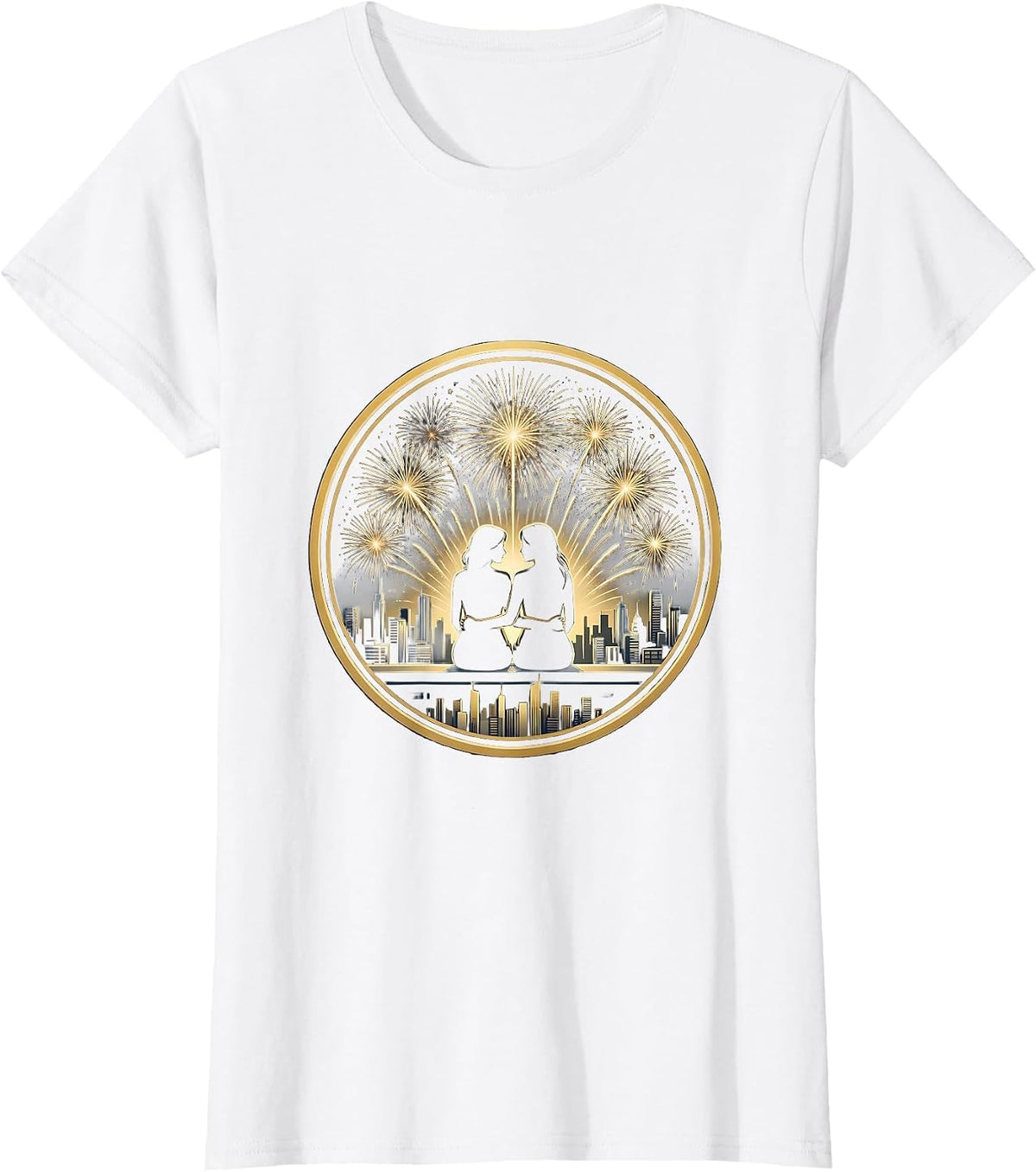 Women's Rooftop Fireworks Night Lesbian Couple Design T-Shirt - White