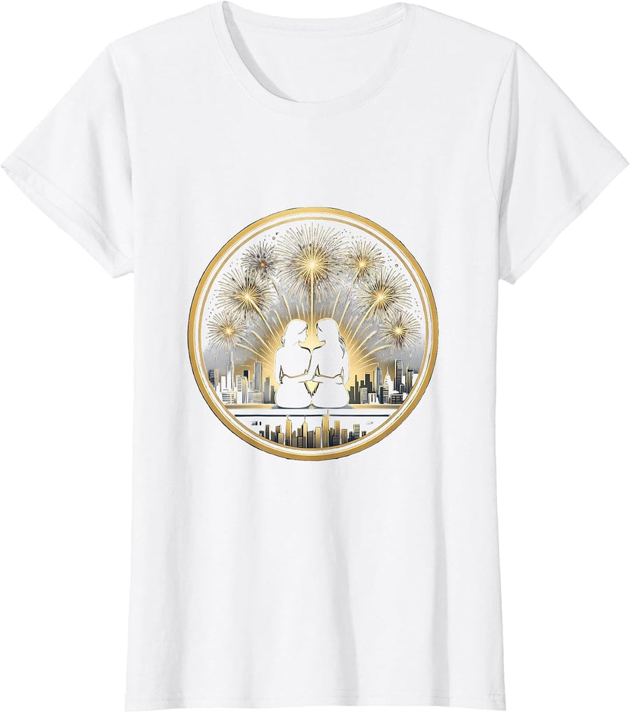 Women's Rooftop Fireworks Night Lesbian Couple Design T-Shirt - White