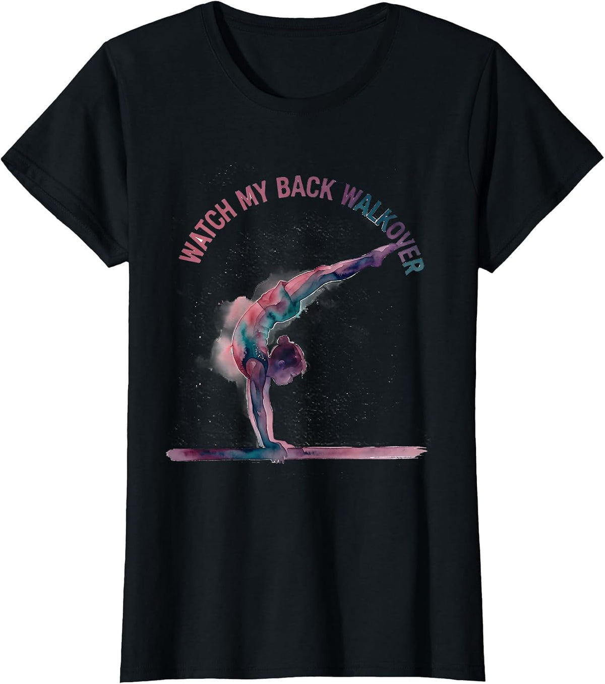 Women's Watch My Back Walkover Watercolor Gymnastics Silhouette T-Shirt - Black