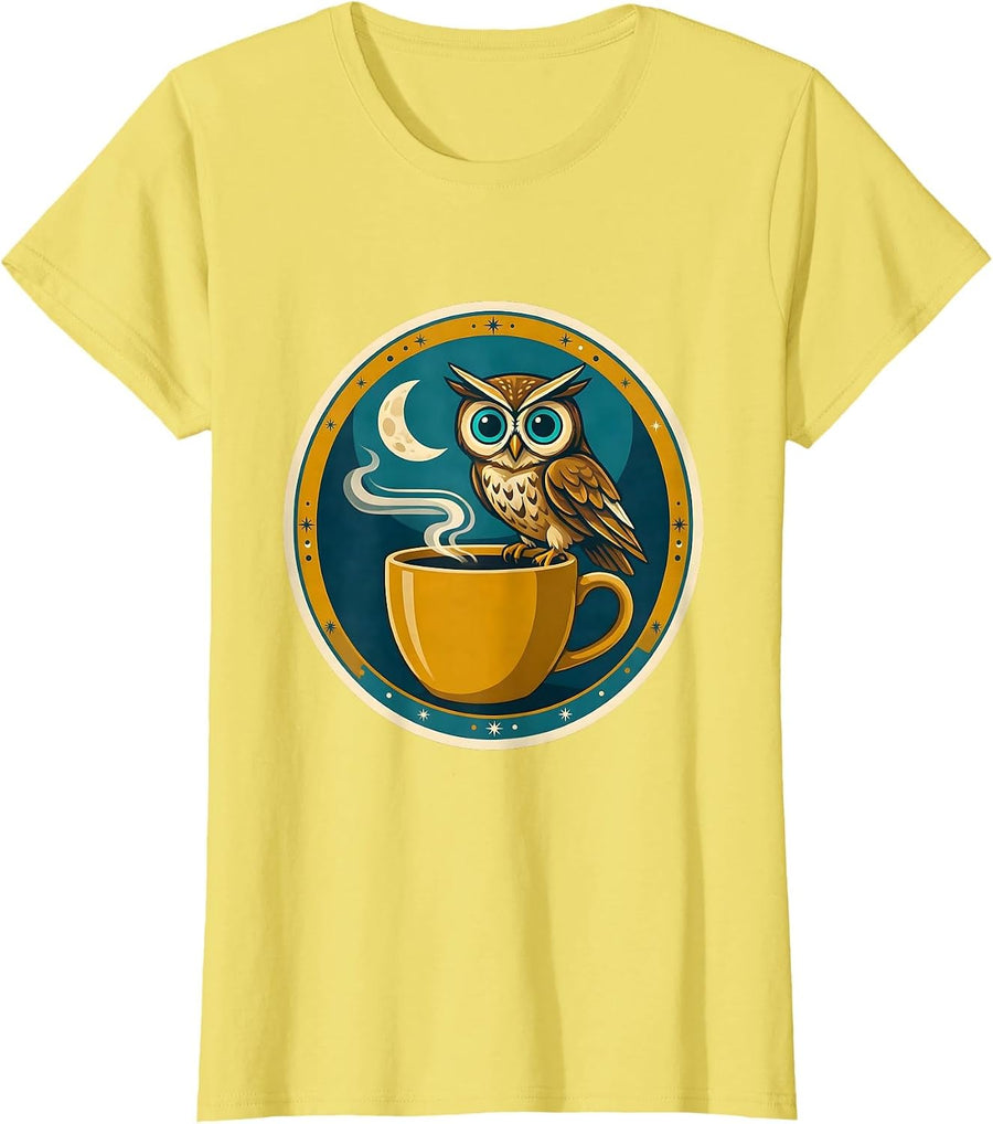 Women's Nocturnal Owl on Coffee Mug Night Scene T-Shirt - Lemon Yellow