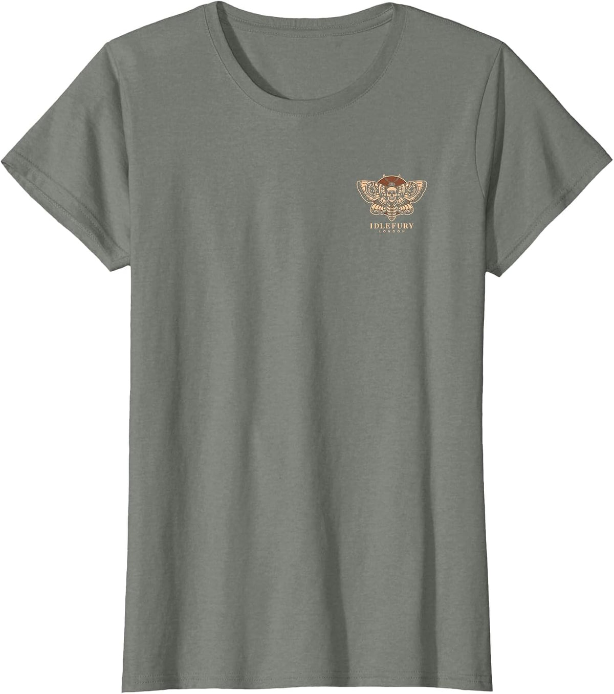 View Back Print Idle Fury Death Moth Skull Moth Butterfly T-Shirt - Olive Heather