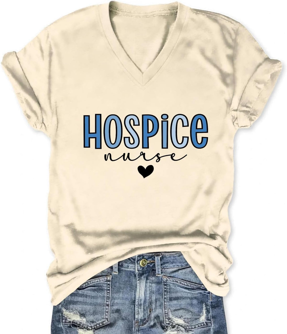 Hospice Nurse T-Shirt for Women Short Sleeve Letter Print Heart Graphic Tee Cute V Neck Nursing Student Top - Beige