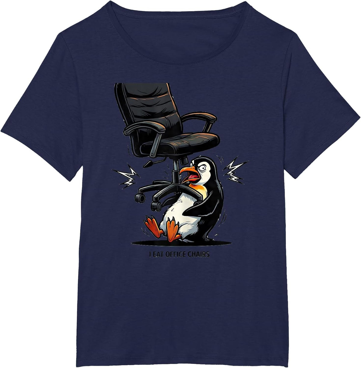 Women's I Eat Office Chairs Funny Penguin Absurdist Meme Gen Z T-Shirt - Navy Blue