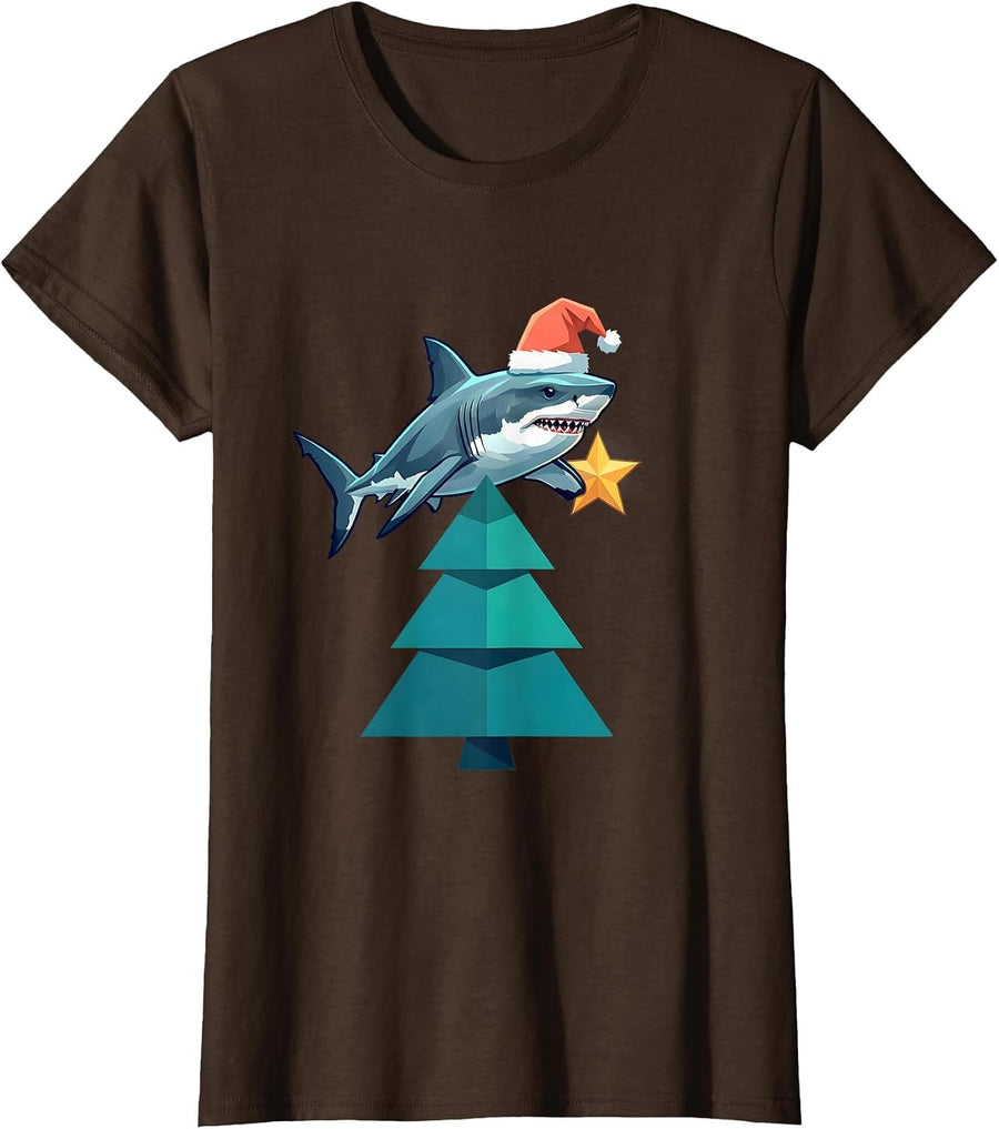 Women's Santa Shark Funny Christmas Shark Lover Humor T-Shirt - Brown