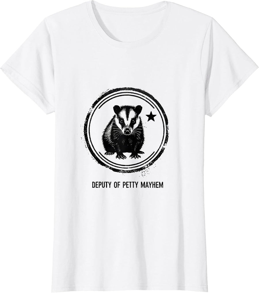 Women's Deputy of Petty Mayhem Rubber Stamp Opossum Quirky Animal T-Shirt - White