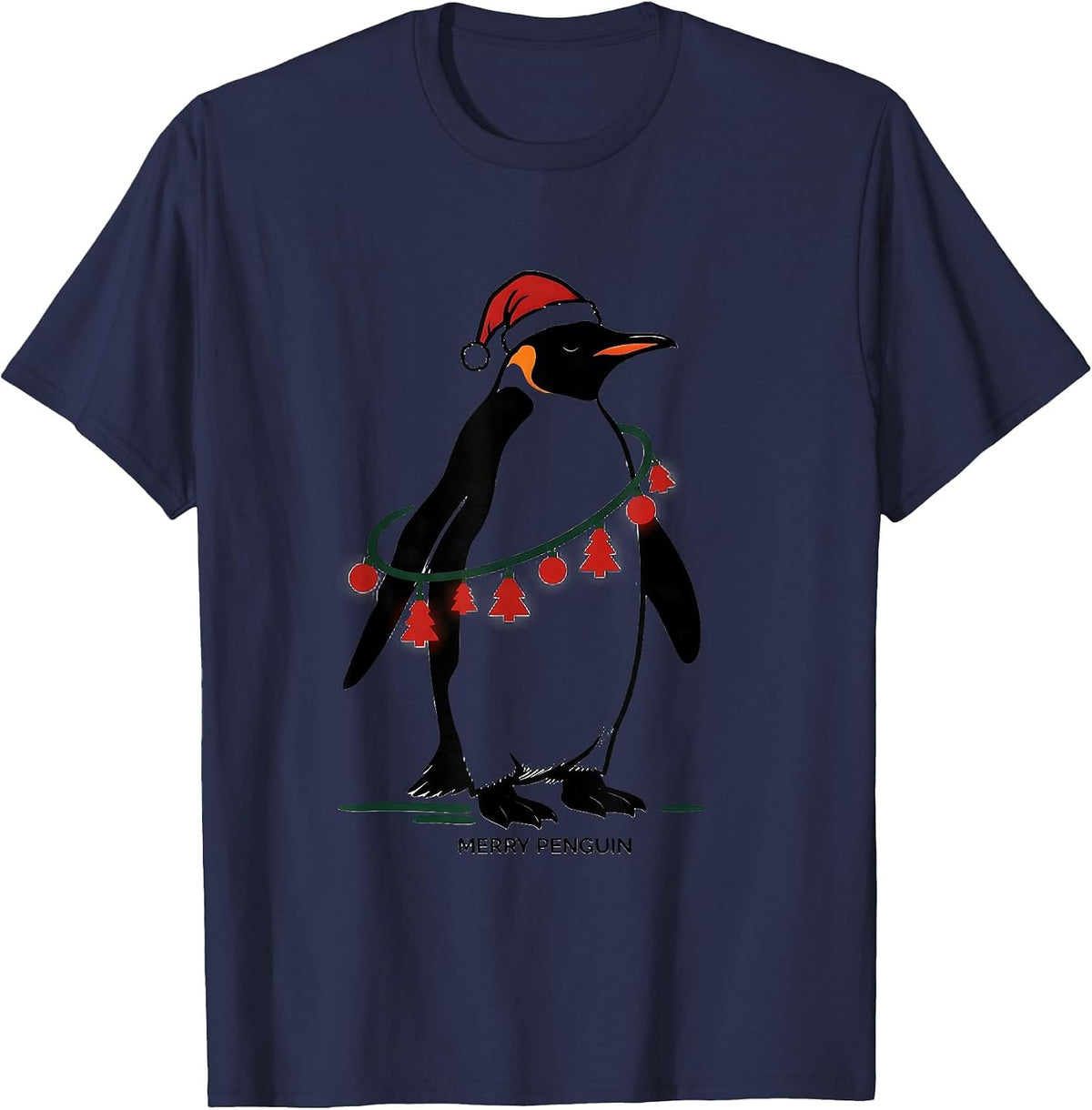 Men's Merry Penguin Funny Penguin Christmas Graphics Animal Lights T-Shirt - Navy Blue