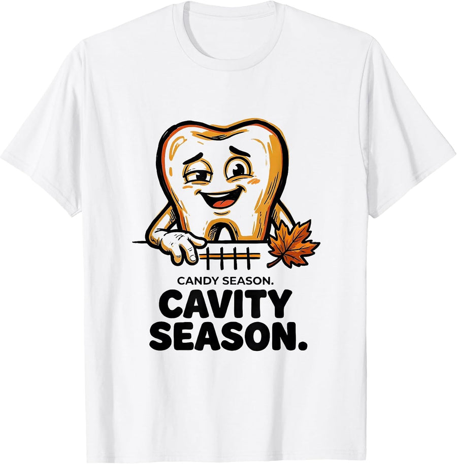 Men's Candy Season Cavity Season Funny Dental Hygienist Halloween T-Shirt - White