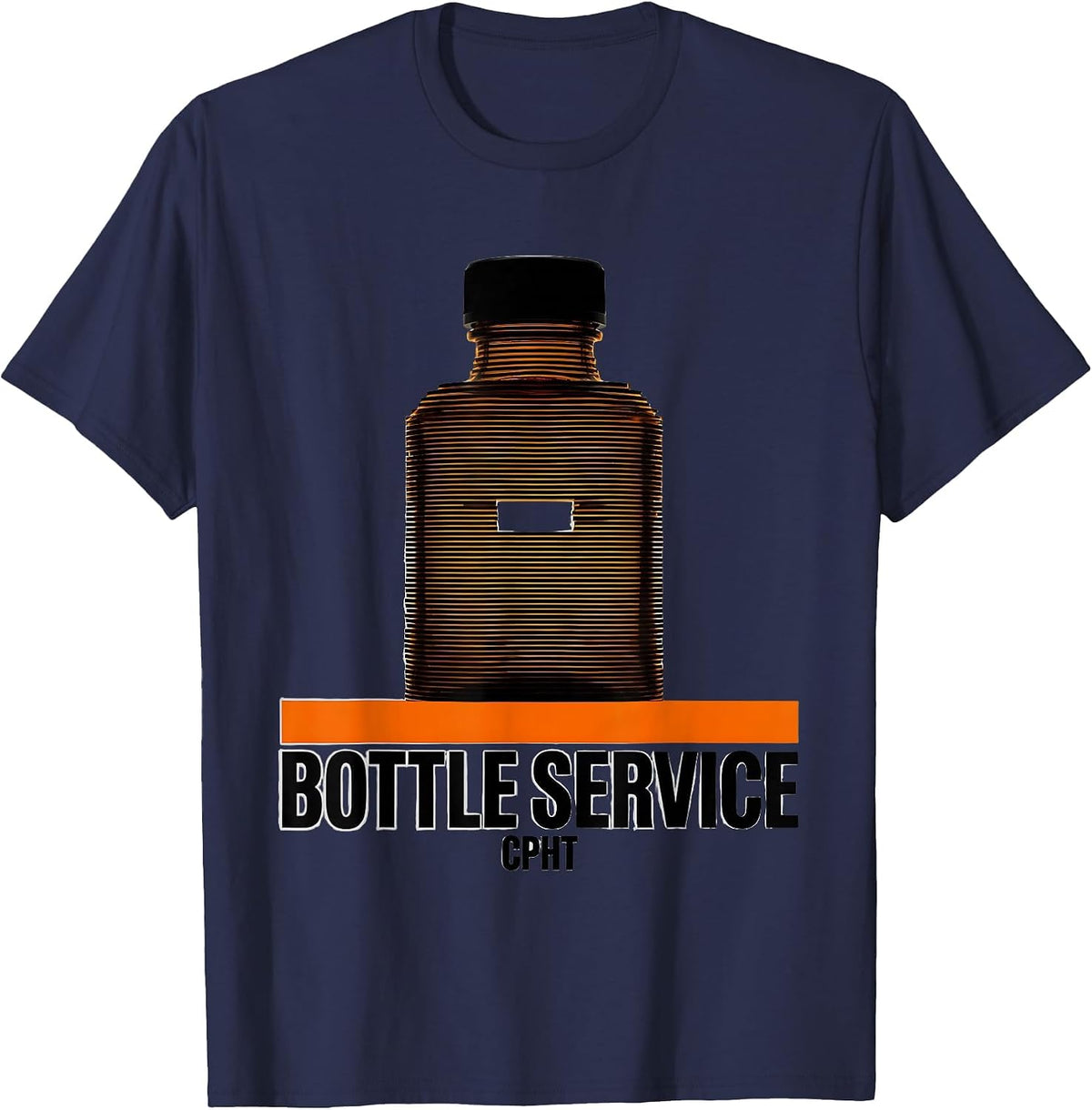 Men's Bottle Service, CPhT Brutalist Pharmacy Tech Humor T-Shirt - Navy Blue