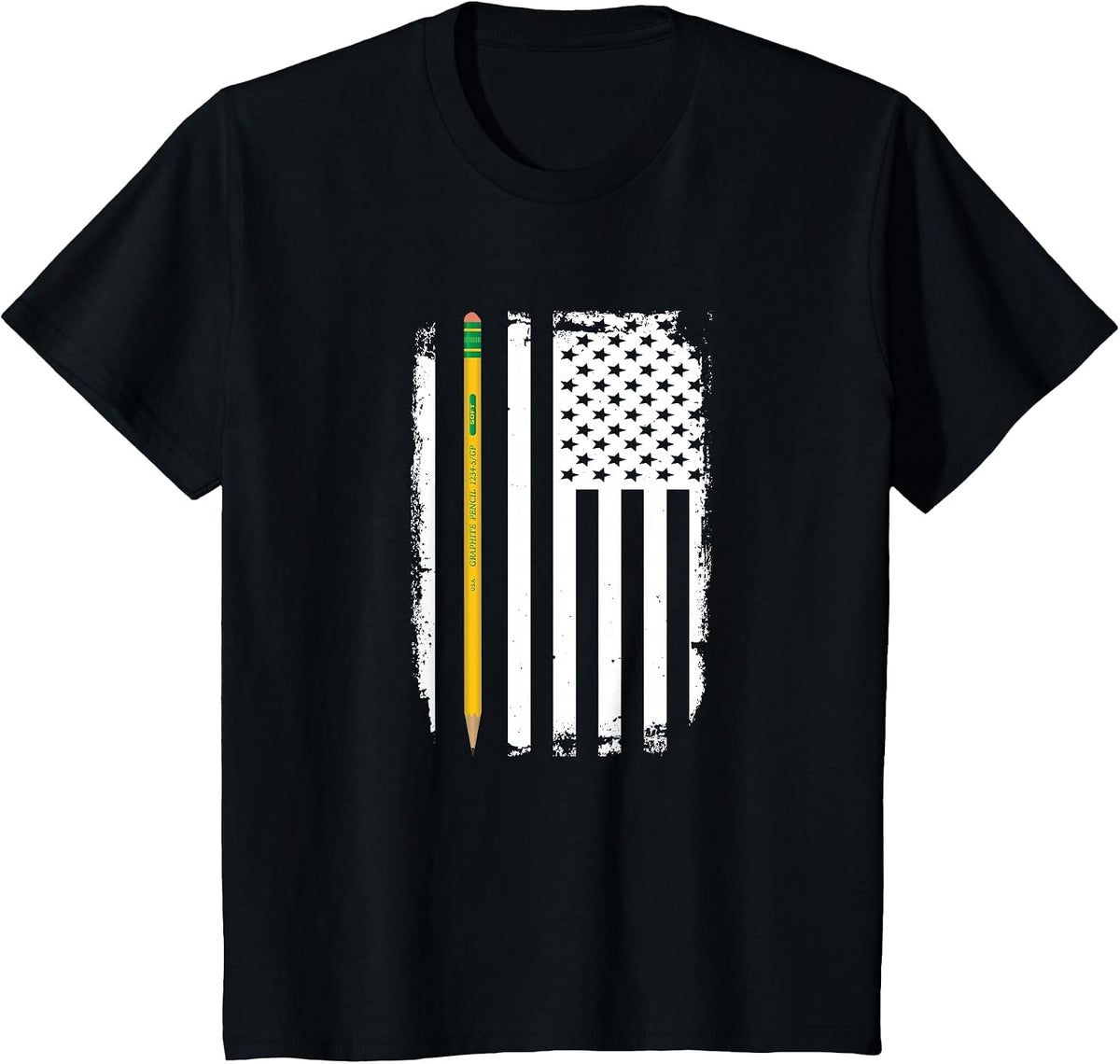 Thin Pencil Line American Flag Teacher T-Shirt - Black