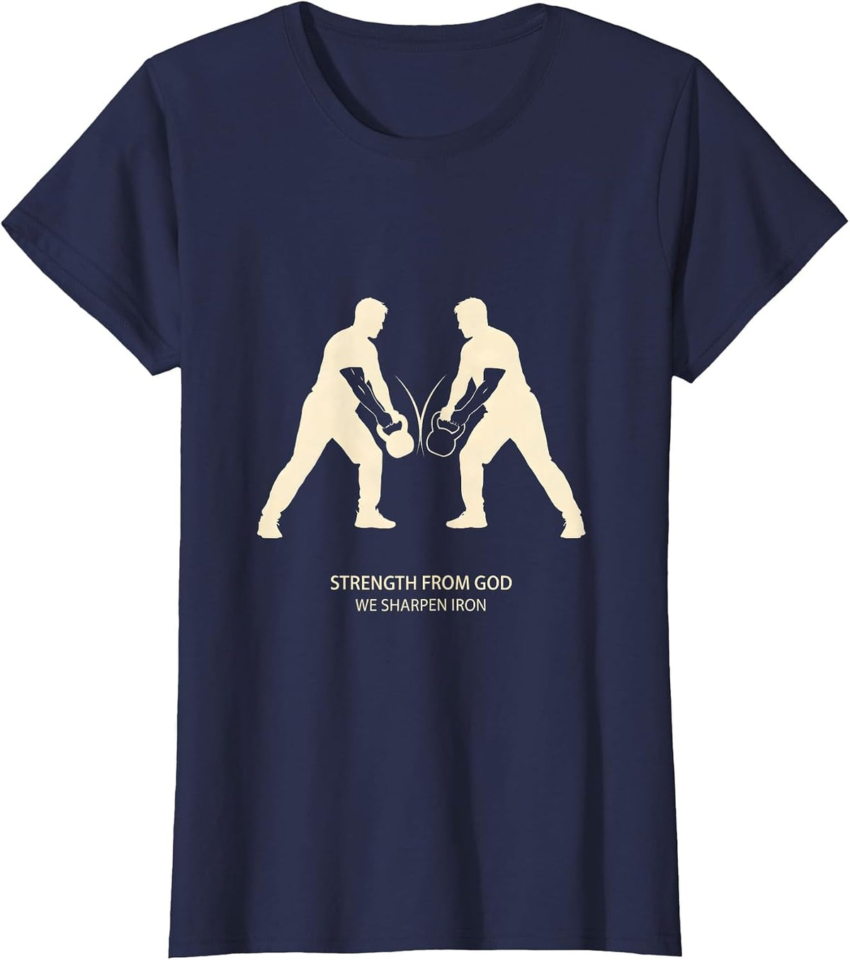 Women's Strength From God We Sharpen Iron Christian Men Gym Workout T-Shirt - Navy Blue