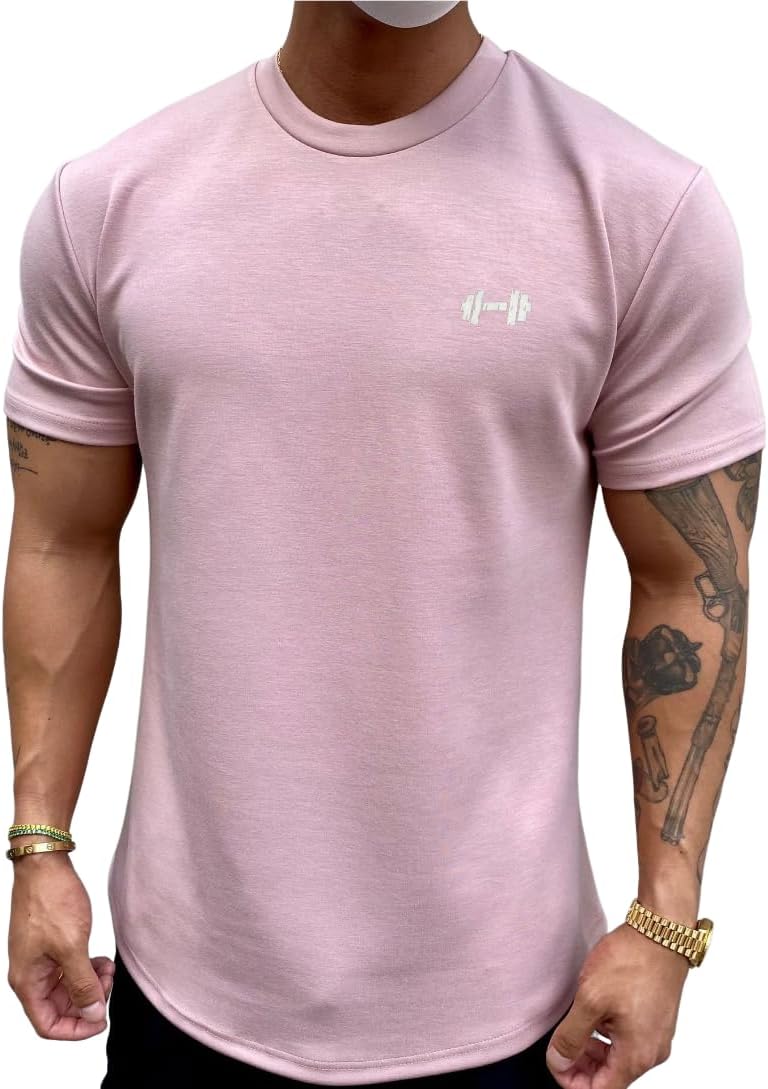 Men's Muscle Fit Longline Bodybuilding Workout Casual Fashion Short Sleeve T-Shirt - Pink (Short Sleeve)