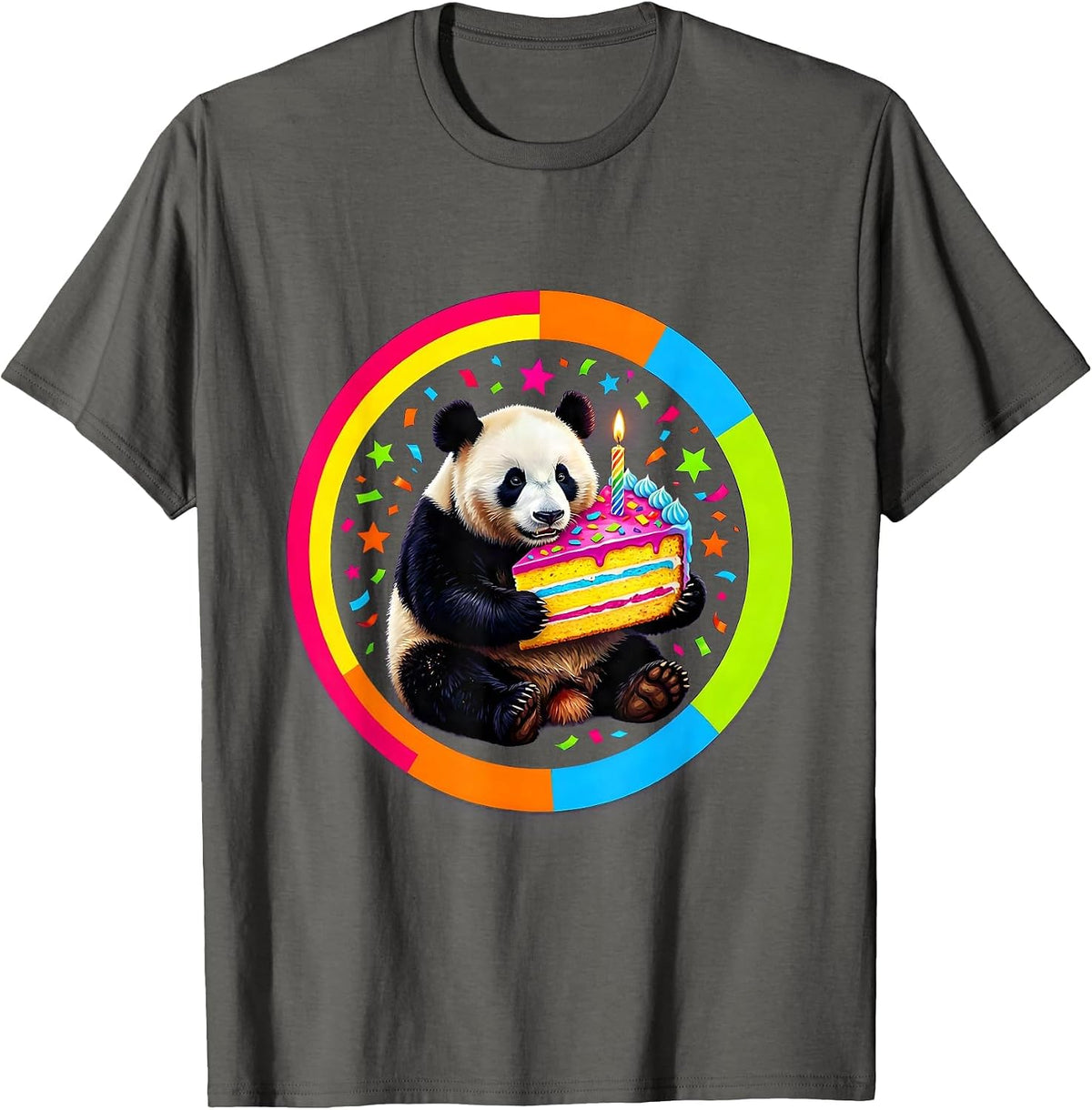 Panda Birthday Cake Slice Celebration Graphic T-Shirt - Asphalt Grey