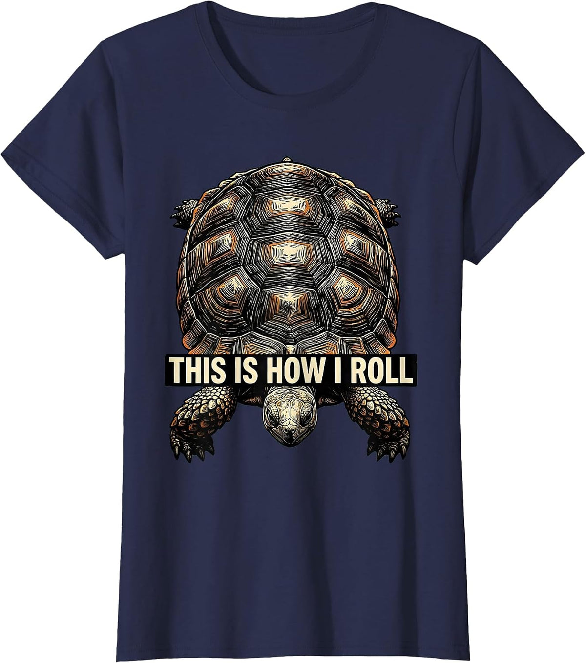 Women's This Is How I Roll Linocut Tortoise Shell Turtle Lover Humor T-Shirt - Navy Blue
