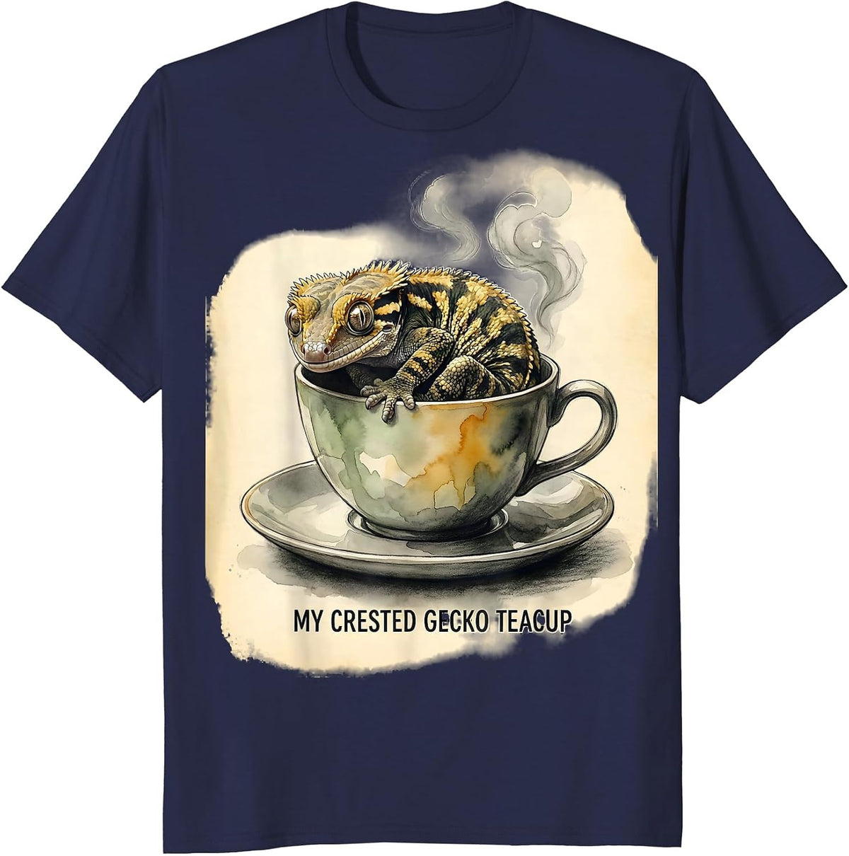 My Crested Gecko Teacup Watercolor Reptile Lover Gift T-Shirt - Navy Blue