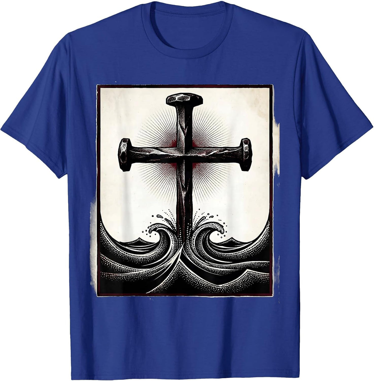 Men's Three Nails Rising Water Christian Cross Design T-Shirt - Royal Blue