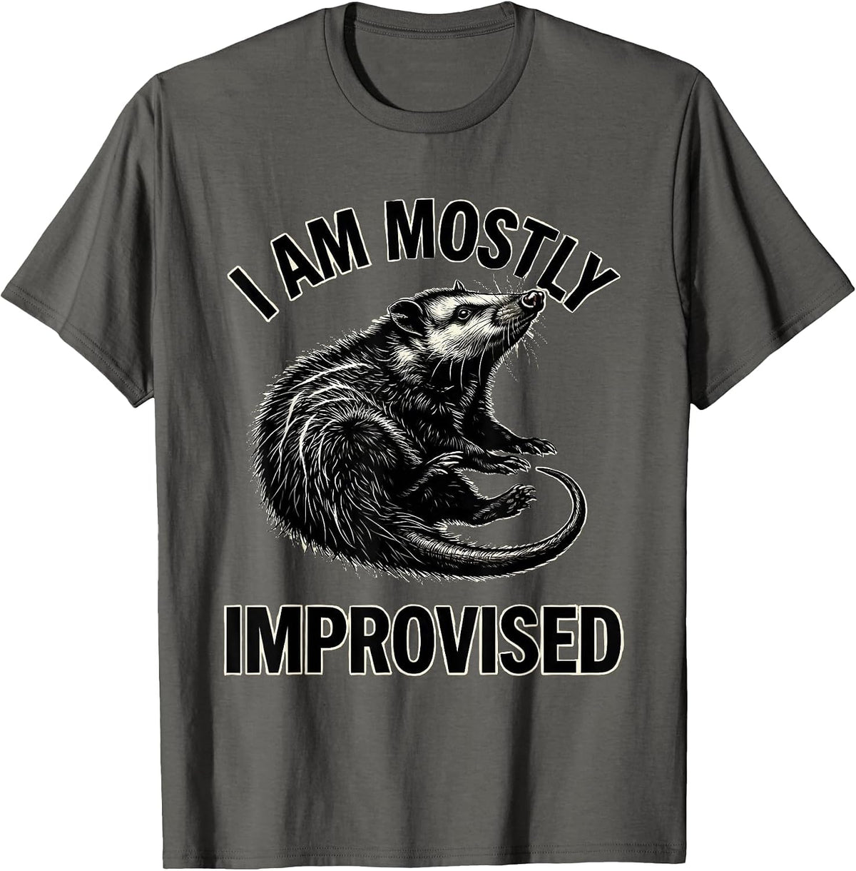 Men's I Am Mostly Improvised Funny Opossum Meme Humor Gift T-Shirt - Asphalt Grey