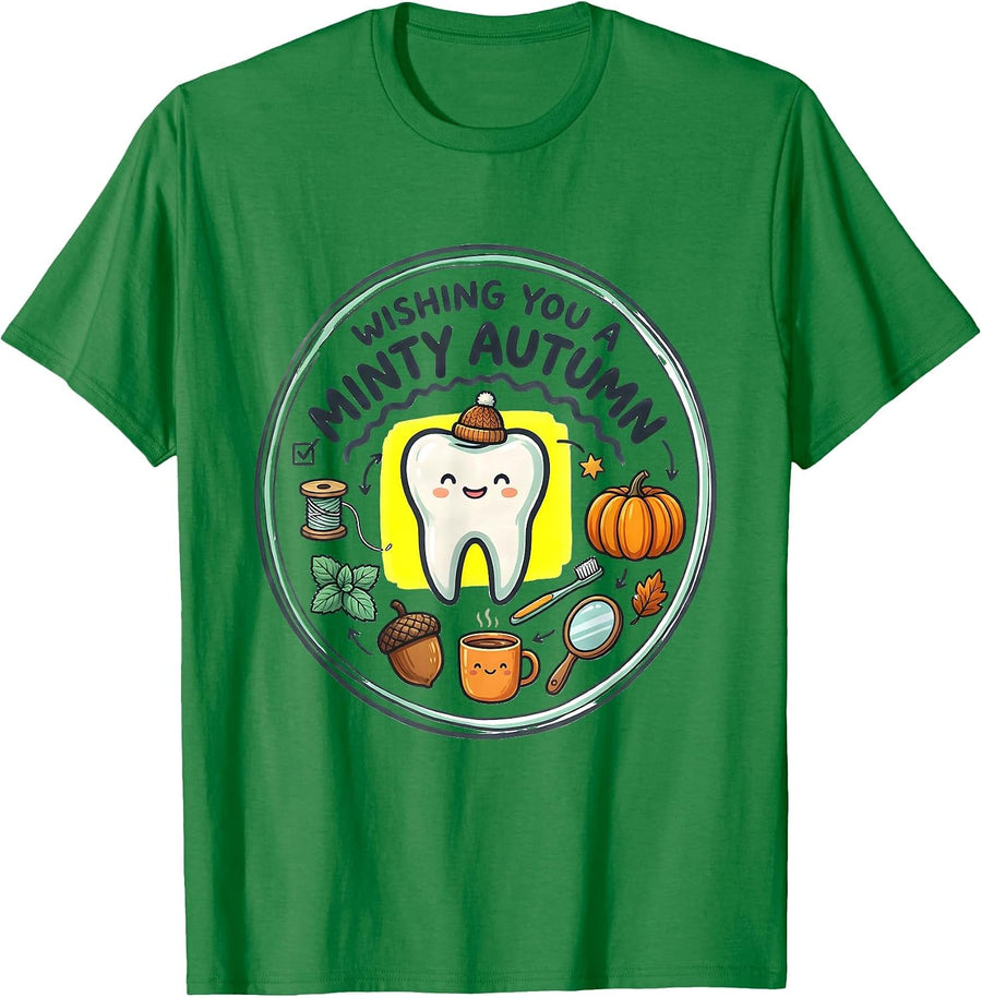 Men's Wishing You A Minty Autumn Funny Dental Hygienist Kawaii T-Shirt - Kelly Green