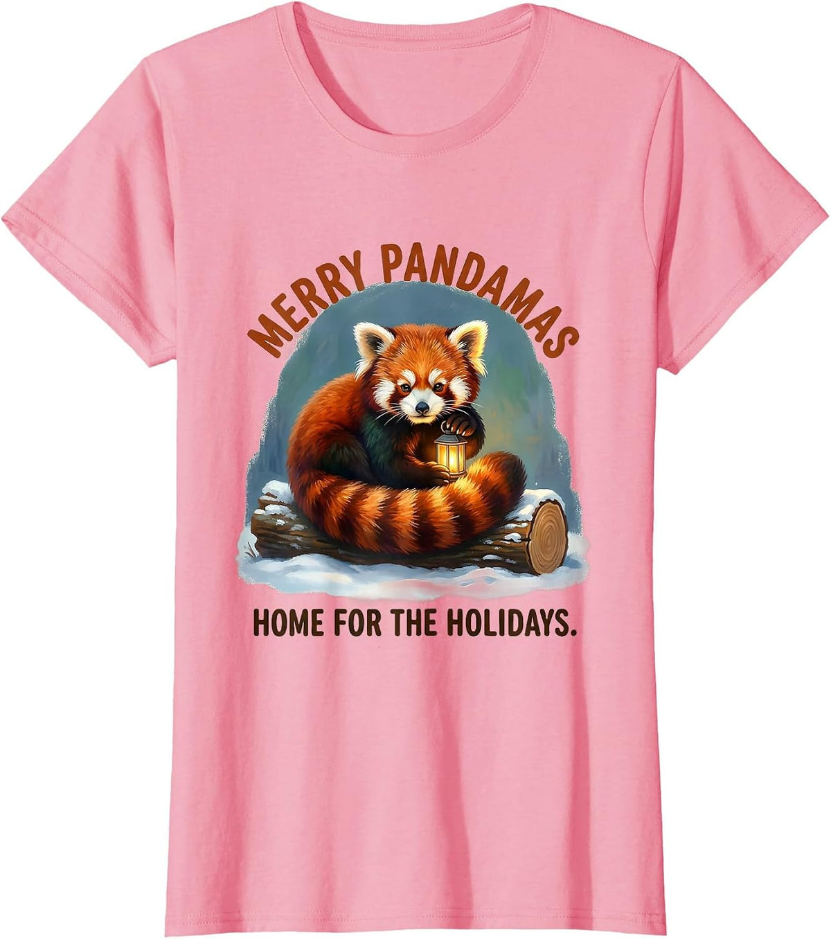 Women's Merry Pandamas, Home For The Holidays Cute Red Panda Lover T-Shirt - Pink