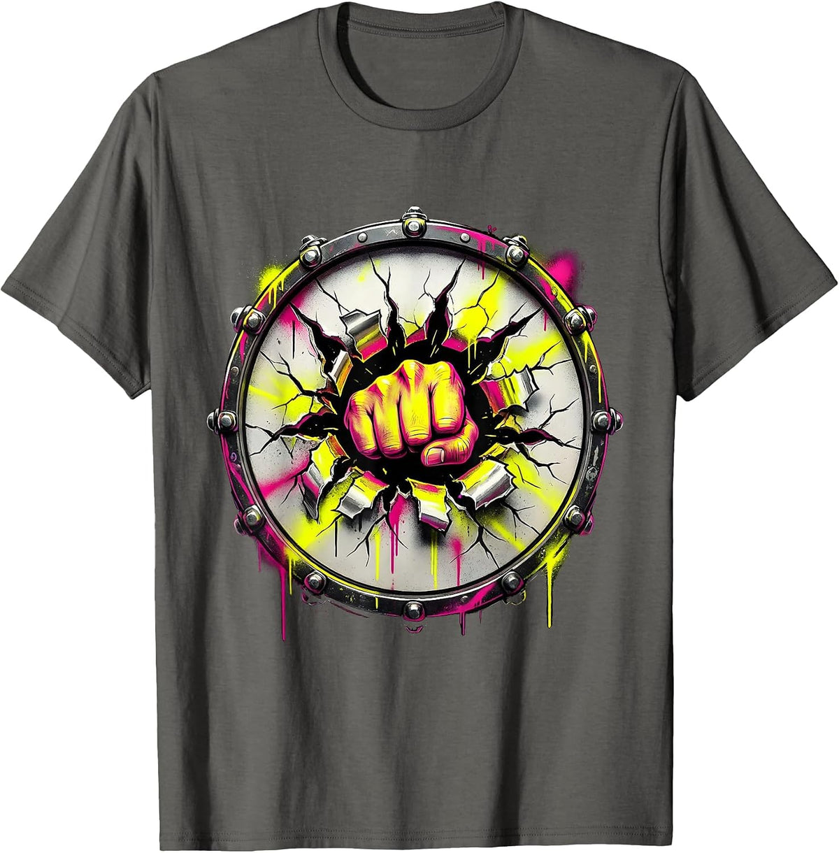 Fist Through Bass Drum Concert Graphic T-Shirt - Asphalt Grey