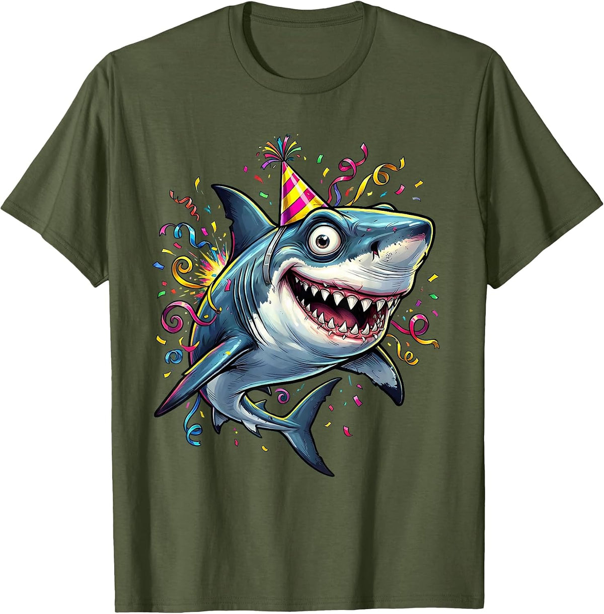 Men's Shark Birthday Hat Swimming Streamers Celebration T-Shirt - Olive Green