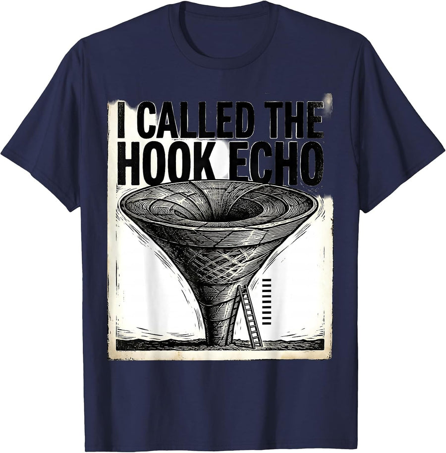 I Called The Hook Echo Woodcut Engraving Storm Chaser T-Shirt - Navy Blue