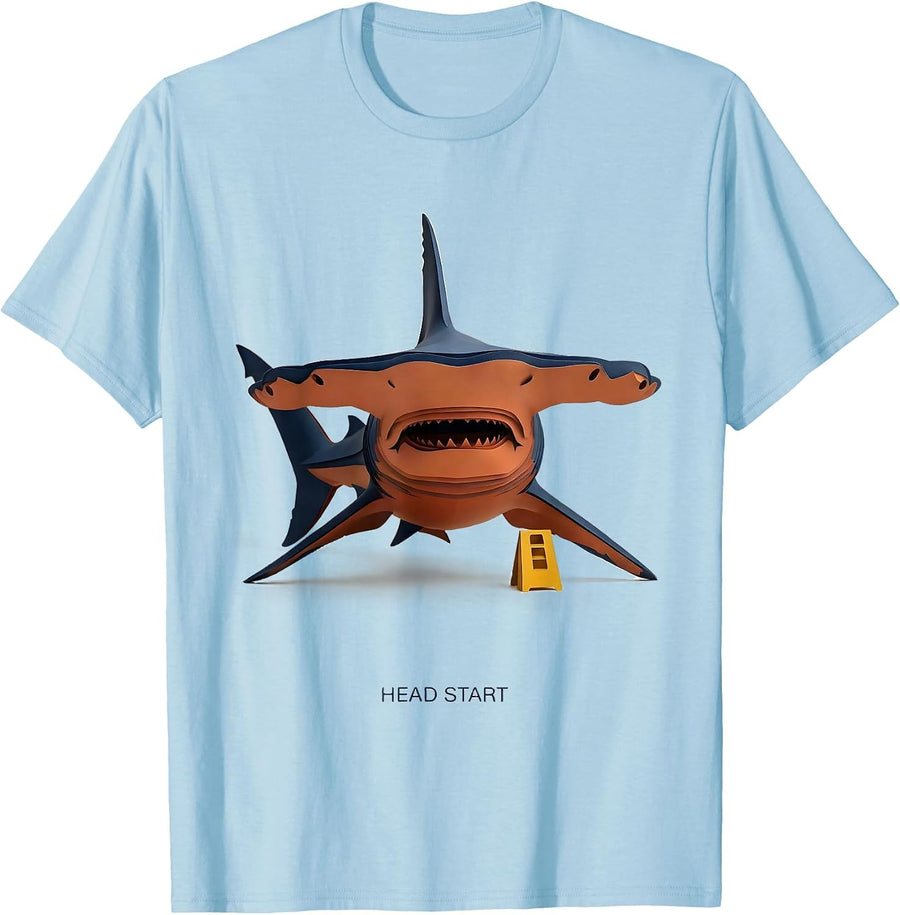 Men's Head Start Paper Cutout Funny Shark Lover Marine Biology T-Shirt - Baby Blue