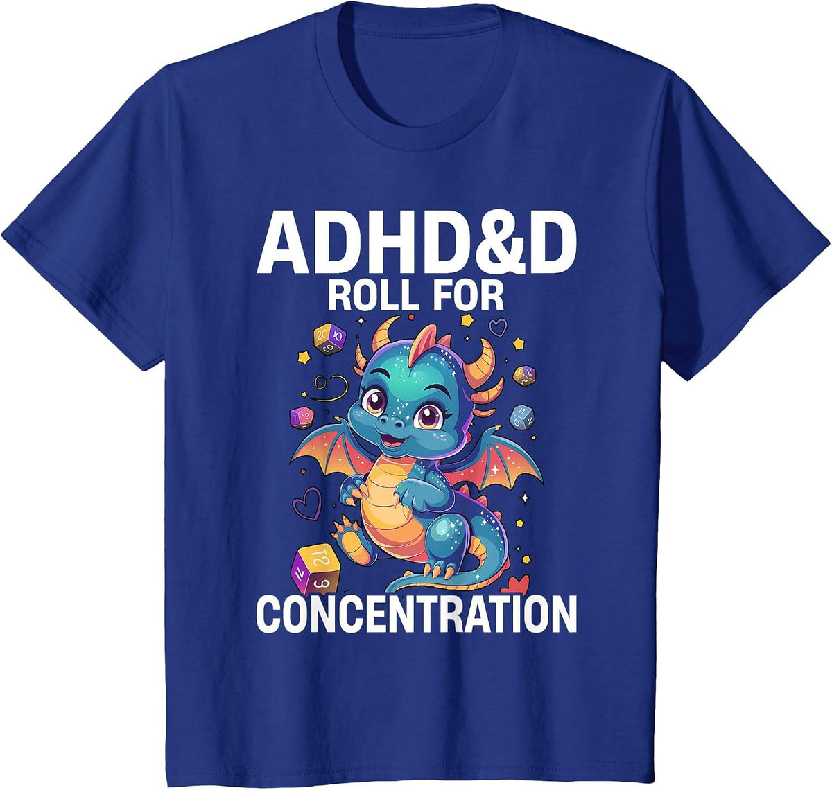 ADHD&D Roll for Concentration Cute Watercolor Dragon T-Shirt - Royal Blue