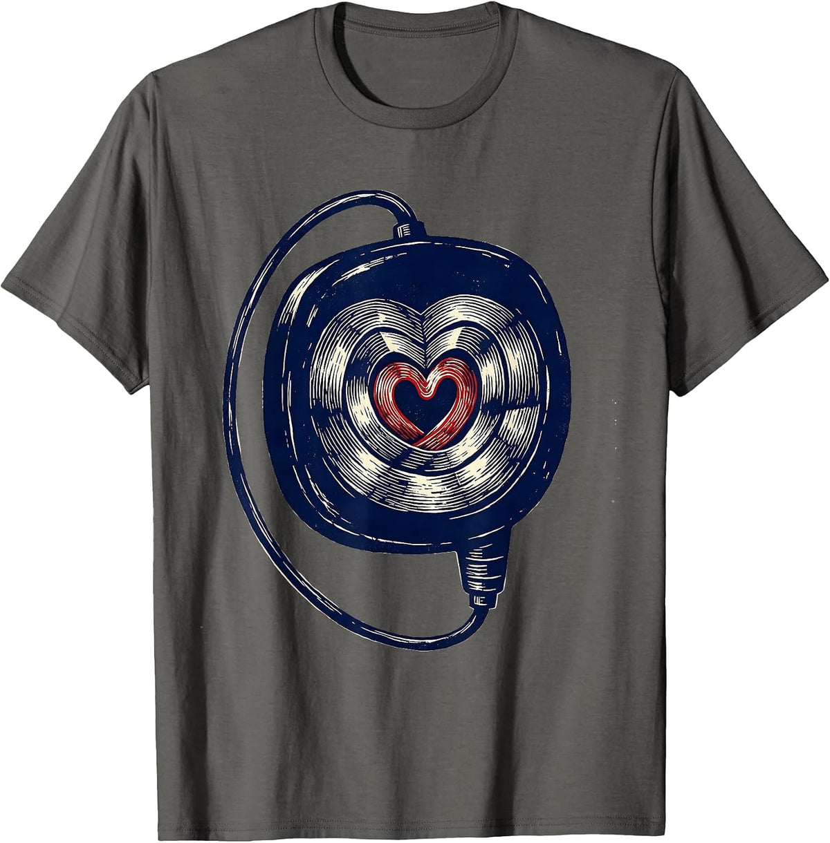 Oversized Fetal Monitor Transducer Heart Linocut Nurse T-Shirt - Asphalt Grey