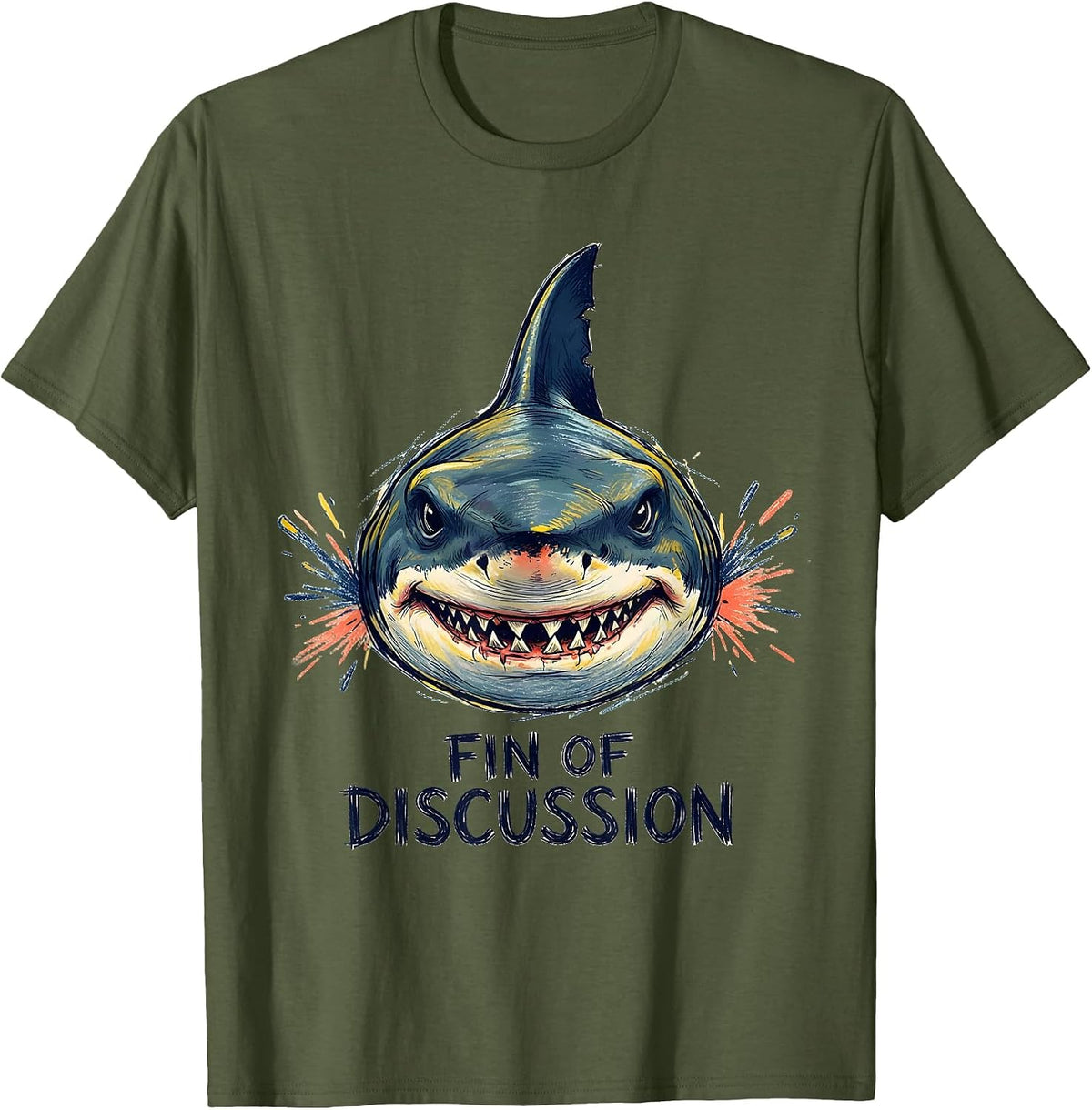 Men's Fin Of Discussion Funny Shark Lover Ocean Animal Humor T-Shirt - Olive Green