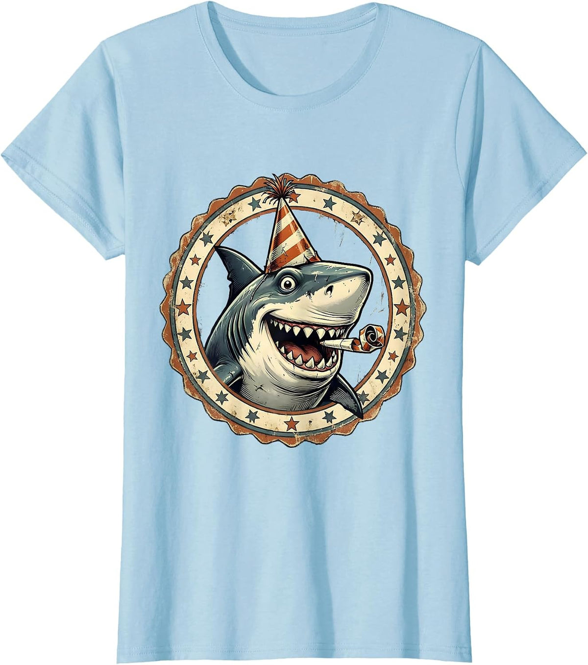 Funny Party Shark Celebration Graphic T-Shirt - Baby Blue