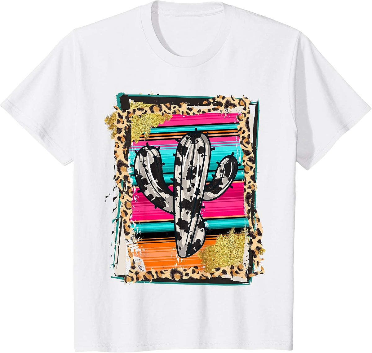 Serape Cactus - Leopard Cow Pattern Print Cowgirl Rodeo T-Shirt - White
