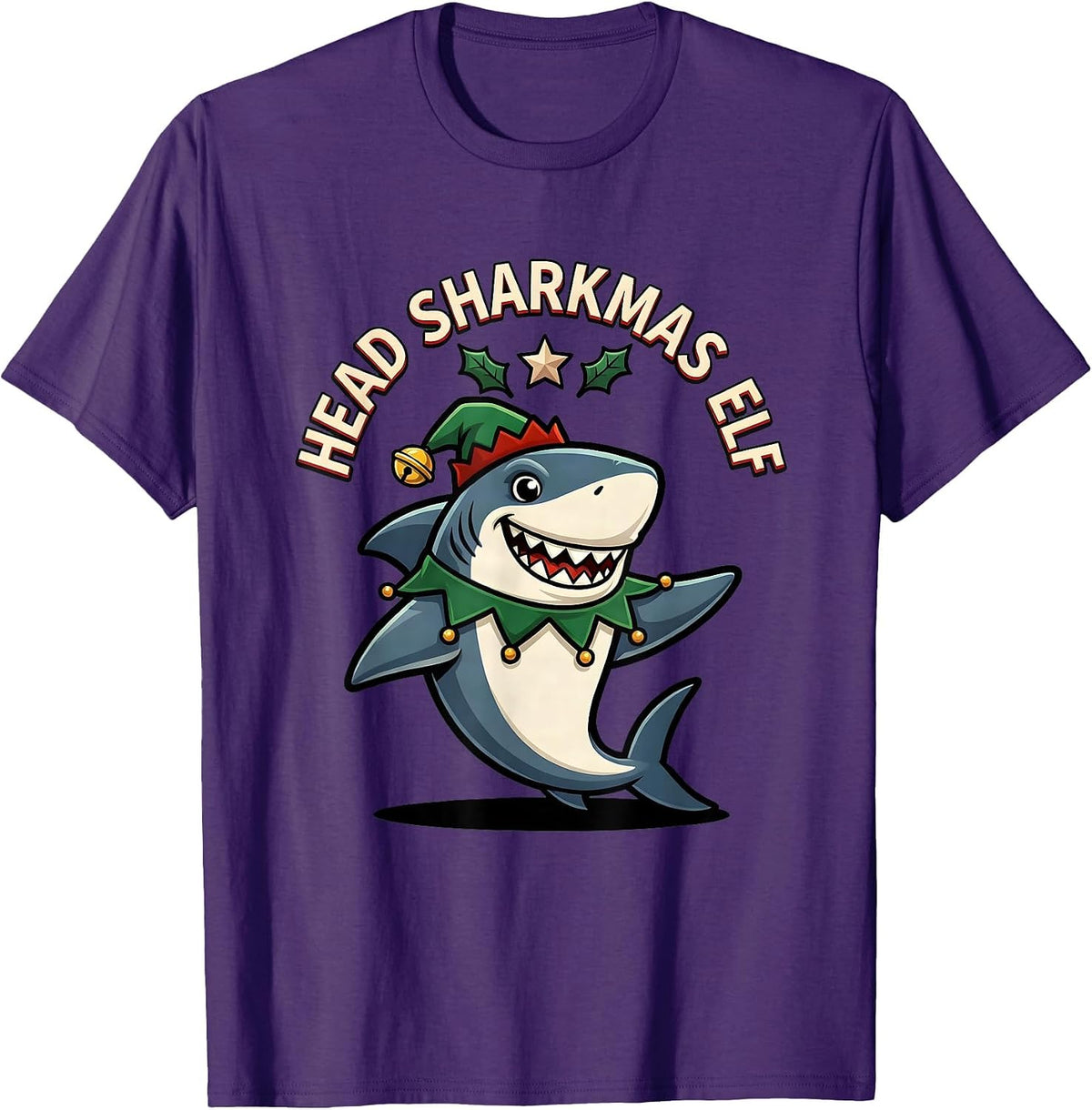 Men's Head Sharkmas Elf Cartoon Shark Lover Christmas Pun Humor T-Shirt - Purple
