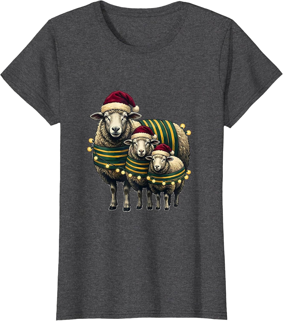 Women's Sheep Santa Hat Christmas Lights Family Matching Pajama T-Shirt - Dark Heather Grey
