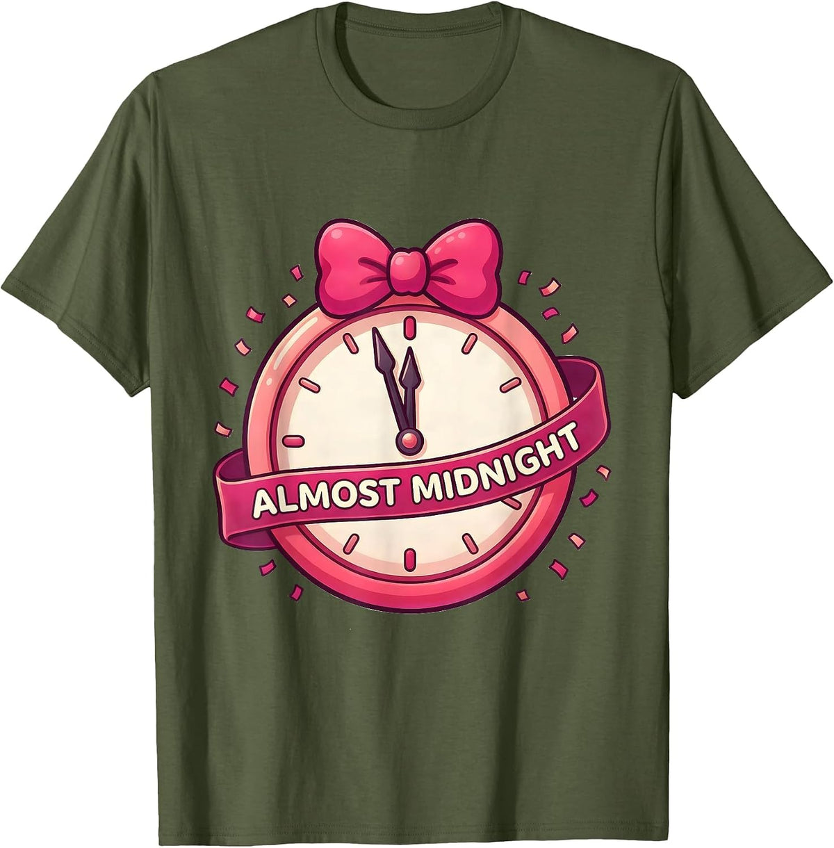 Almost Midnight Cute Kawaii Bow Coquette New Years Eve 2027 T-Shirt - Olive Green