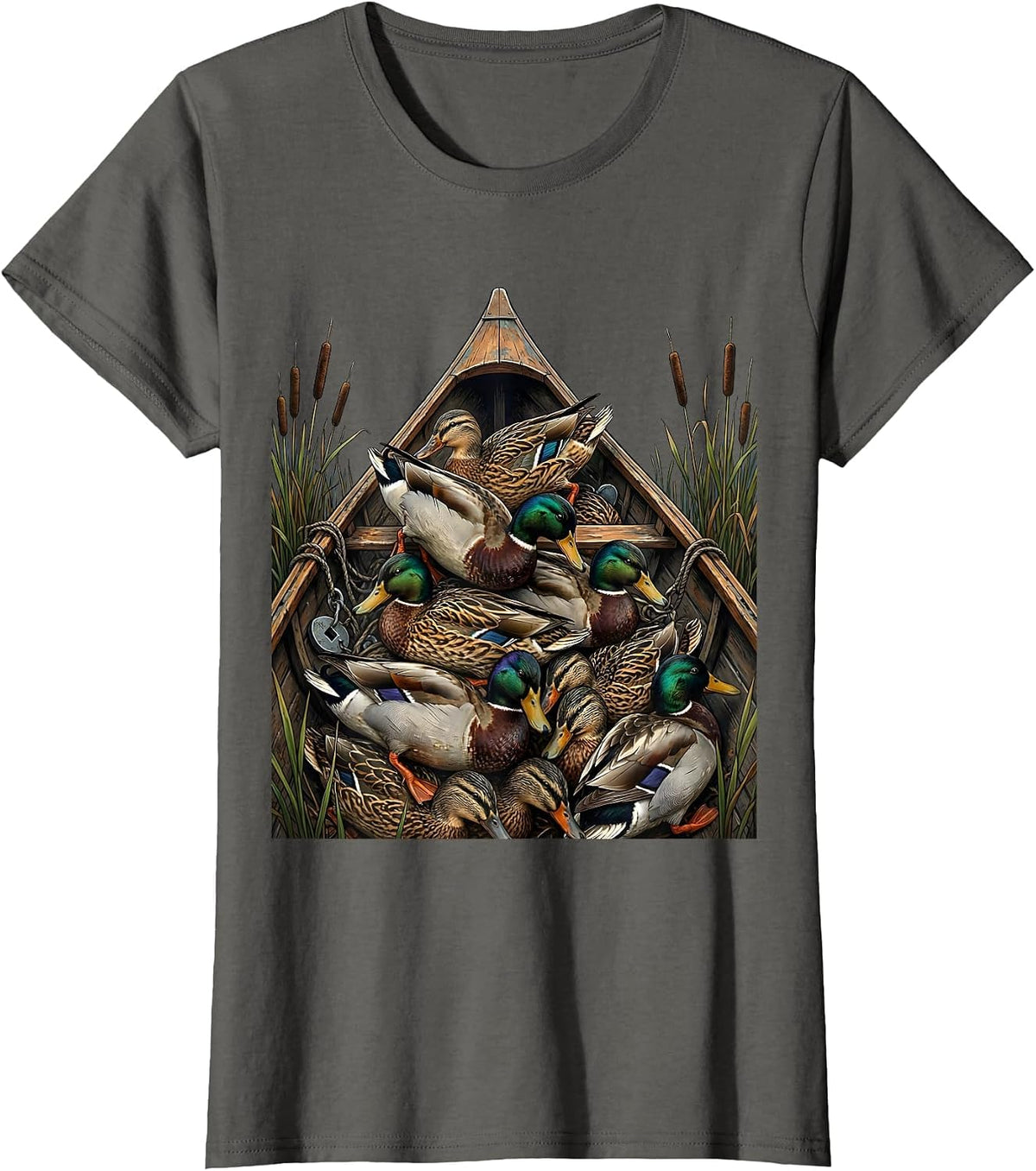 Women's Bottomland Camo Decoy Pile Canoe Bow Duck Hunting T-Shirt - Asphalt Grey