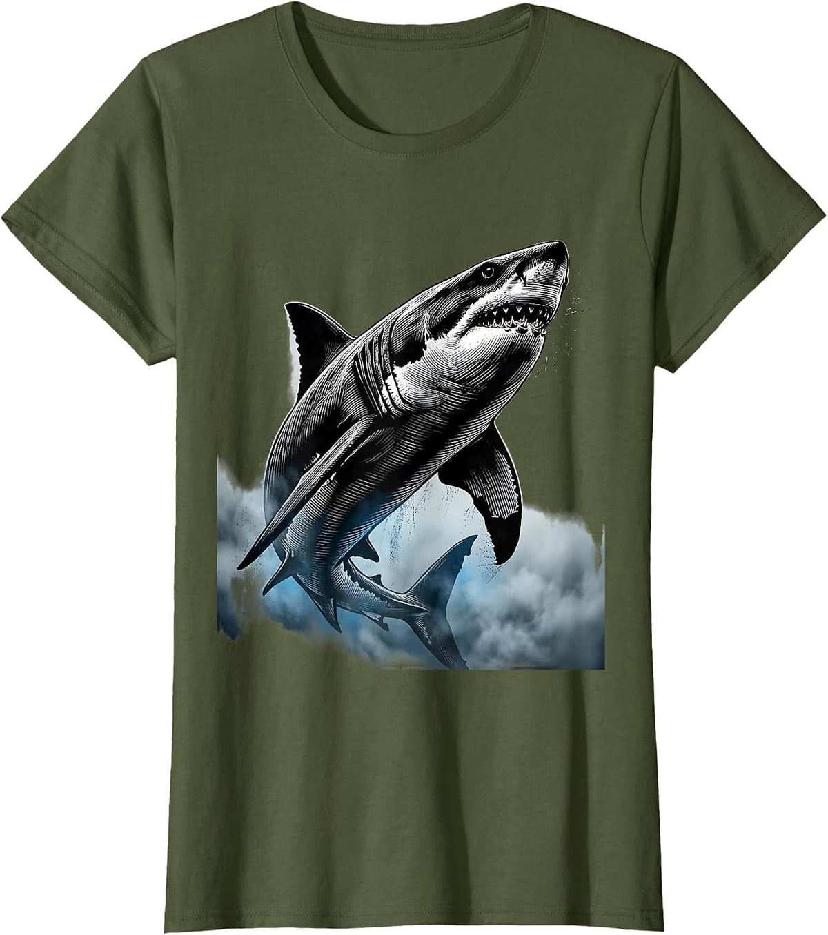 Women's Shark Emerging From Ocean Fog Illustration T-Shirt - Olive Green