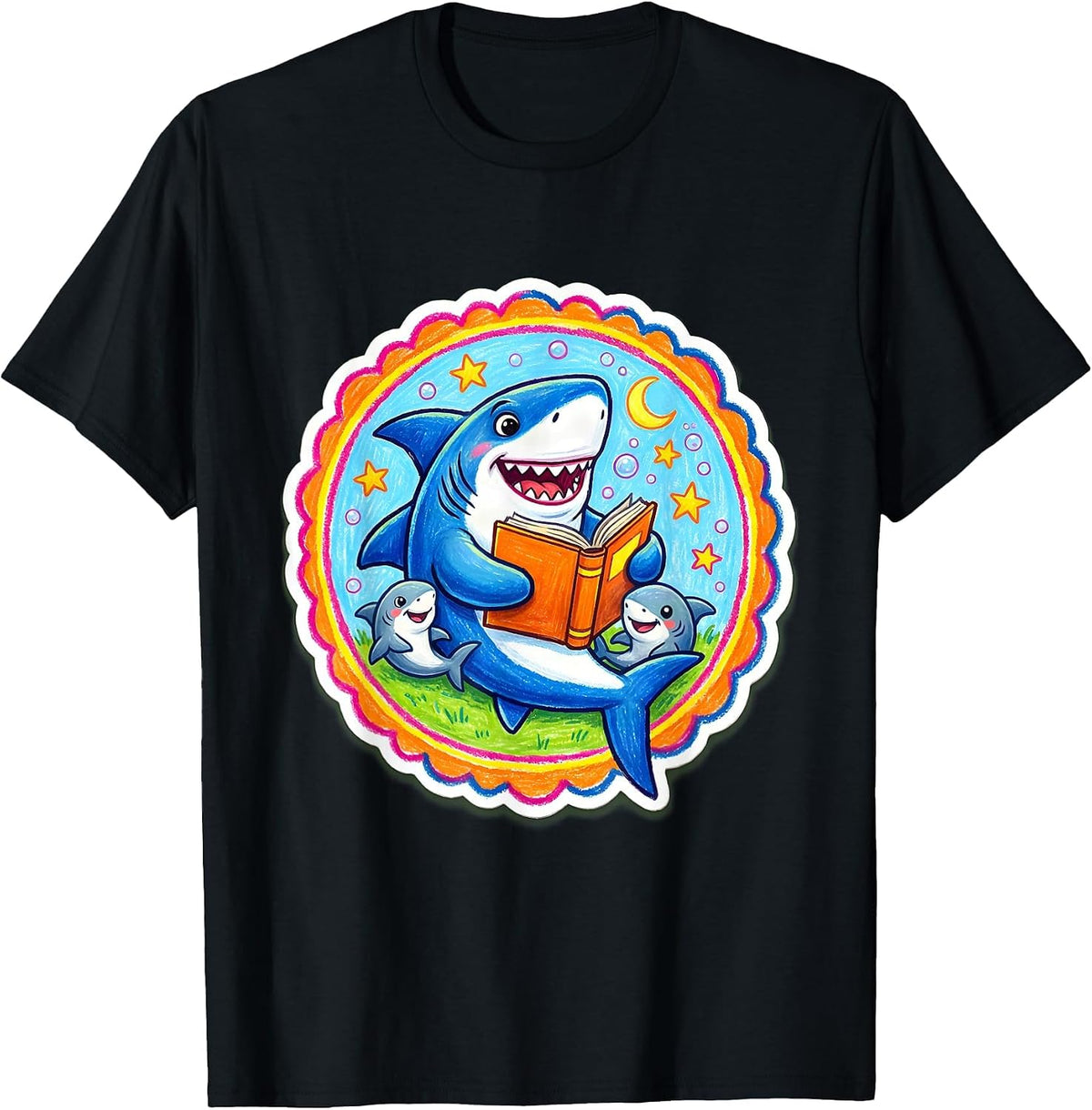 Men's Mommy Shark Bedtime Story Illustration T-Shirt - Black