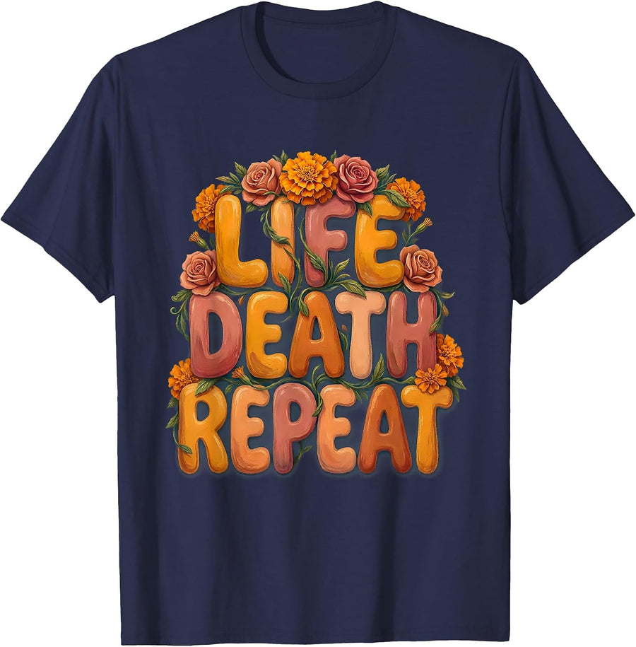 Life Death Repeat Day of the Dead Design T-Shirt - Navy Blue