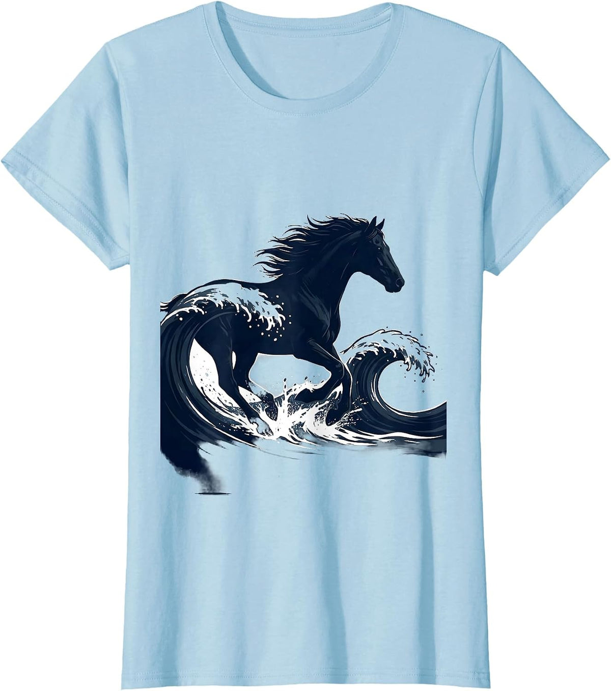 Women's White Freedom Horse Galloping Ocean Waves Design T-Shirt - Baby Blue