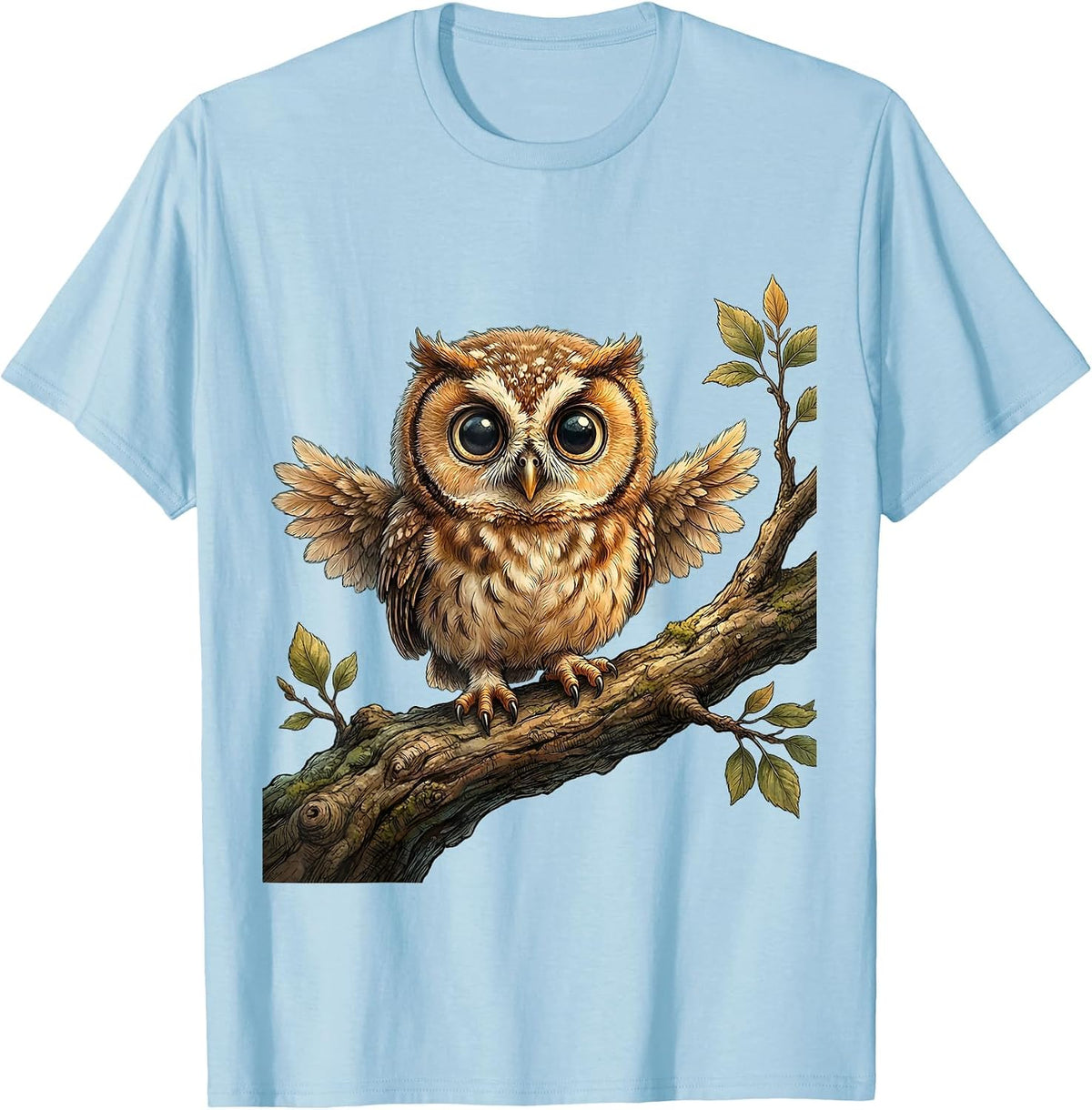 Baby Owl Perched on Branch Cute Nature Design T-Shirt - Baby Blue