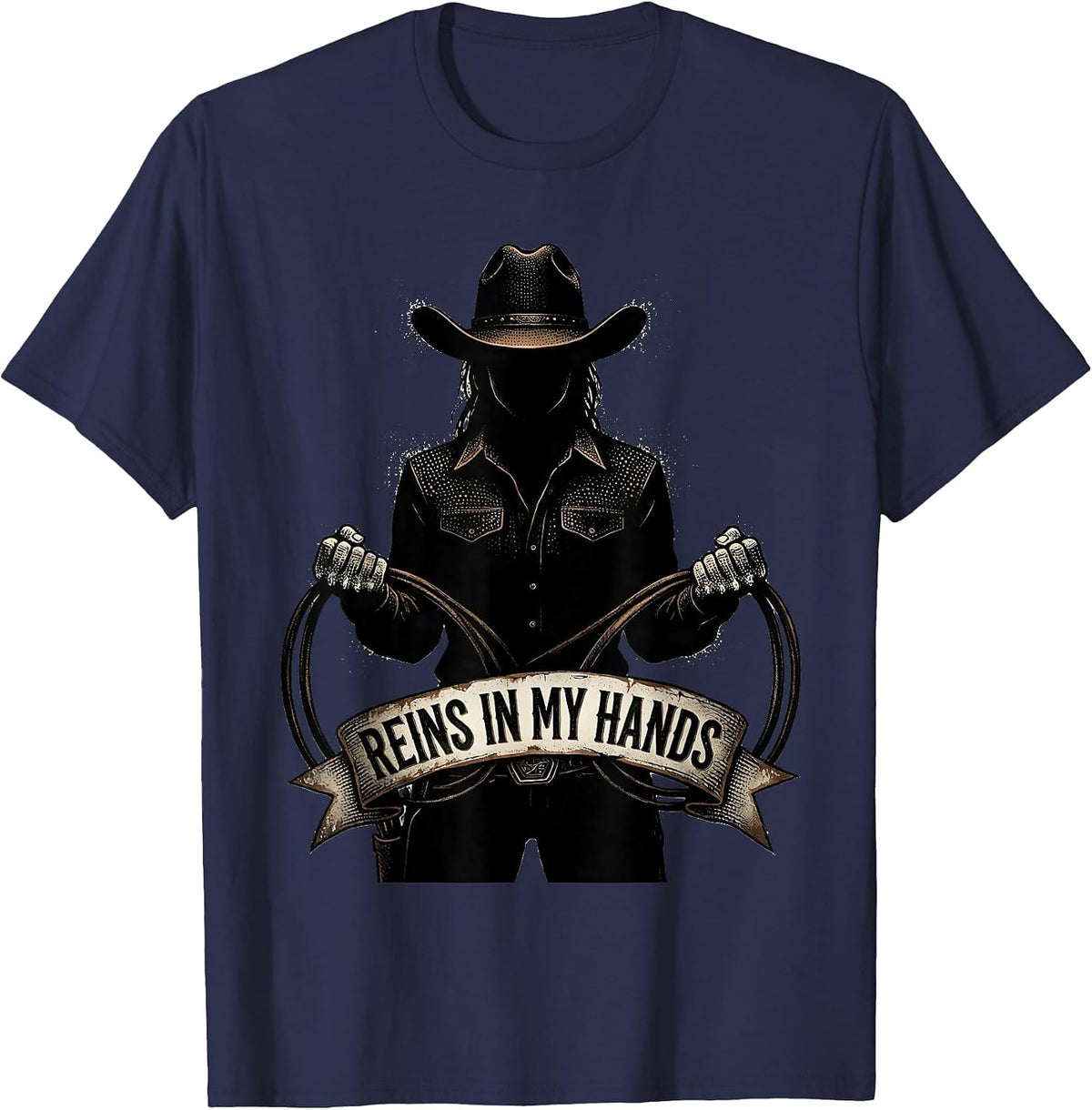 Reins In My Hands Cowgirl Graphic Design T-Shirt - Navy Blue