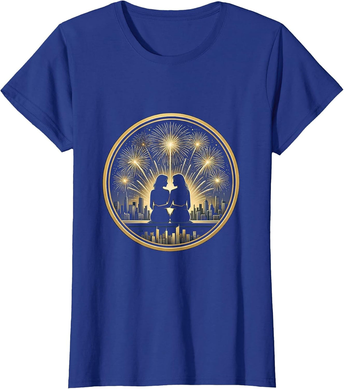 Women's Rooftop Fireworks Night Lesbian Couple Design T-Shirt - Royal Blue